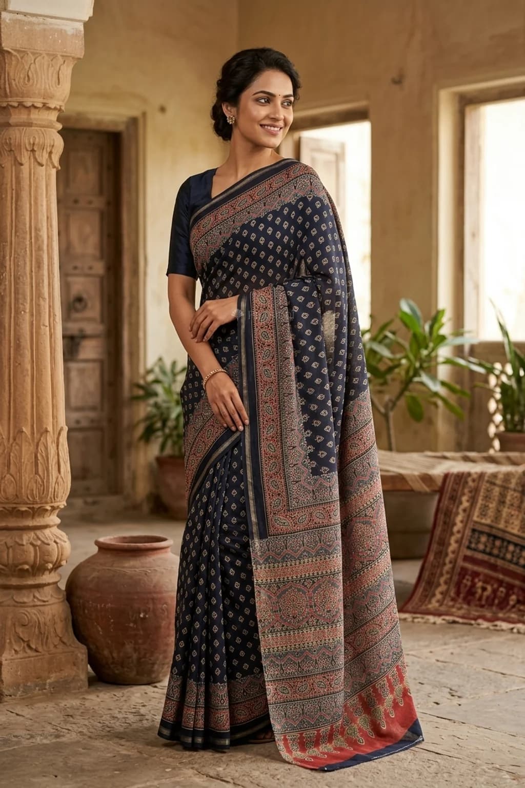 Dark Grey Maheshwari Silk Cotton Saree with Rustic Red Printed Border and Pallu. – Model Displaying Full Saree