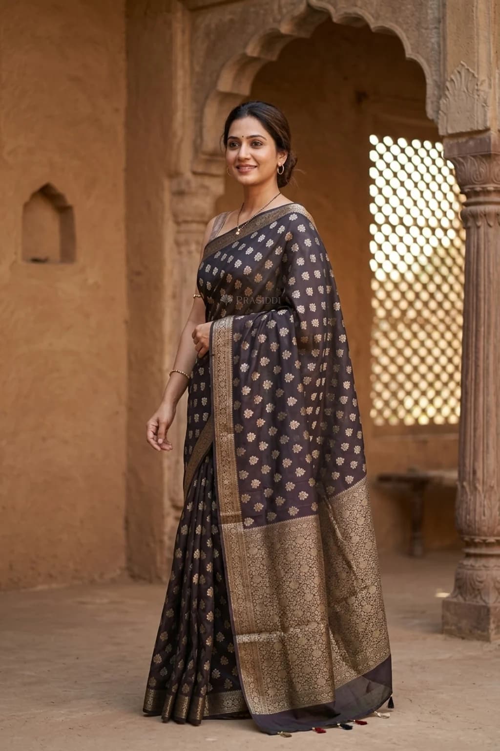 Dark Grey Silk Cotton Saree with Butti Design and Classical Border. – Model Displaying Full Saree
