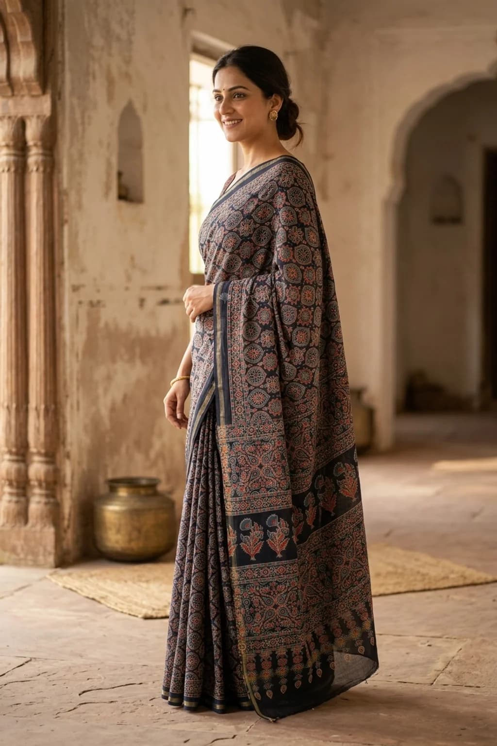 Dark Grey Teal Contrast Border Maheshwari Silk Cotton Saree – Model Displaying Full Saree