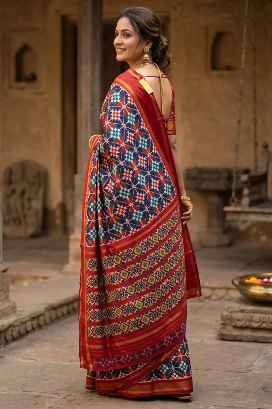 Dark Purple Ikat Silk Saree with a Red Contrast Border and Mustard Pallu – Display Image