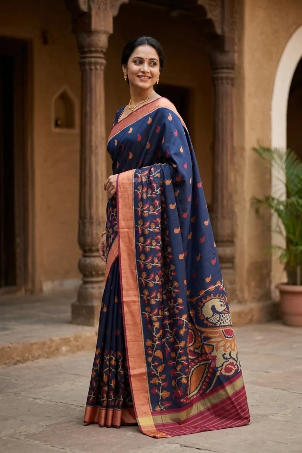Dark Purple & Maroon Patola Silk Saree with Woven Work and Classical Border, Contrast Woven Zari – Model Displaying Full Saree