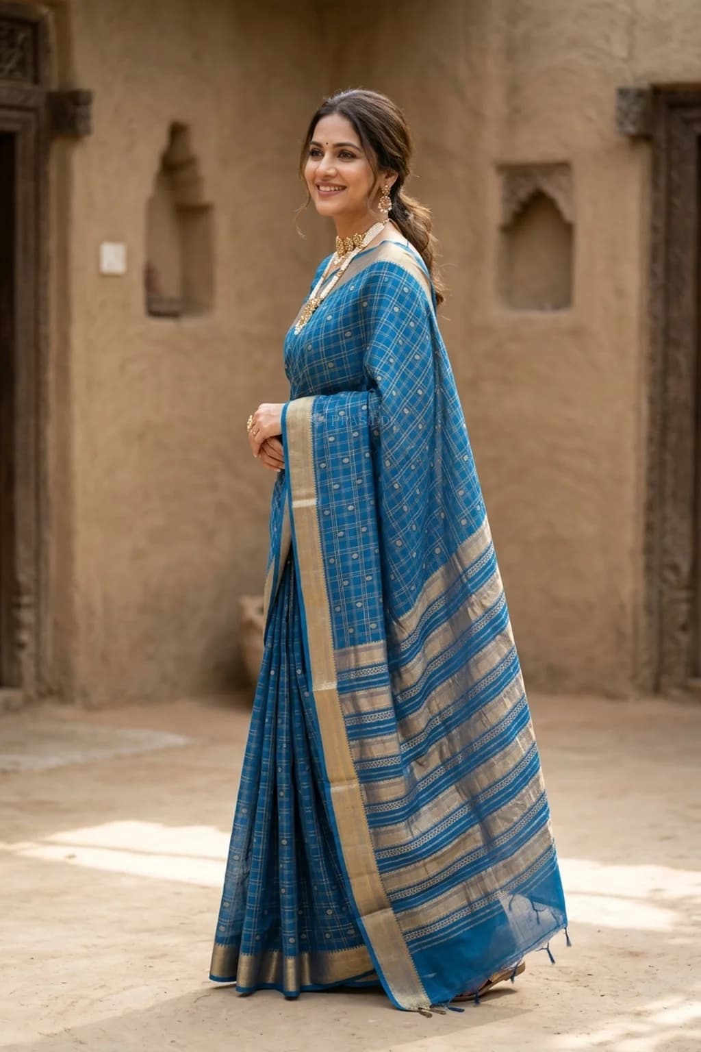 Denim Blue Mysore Silk Saree with a Classical Border and Dense Woven Design. – Model Displaying Full Saree