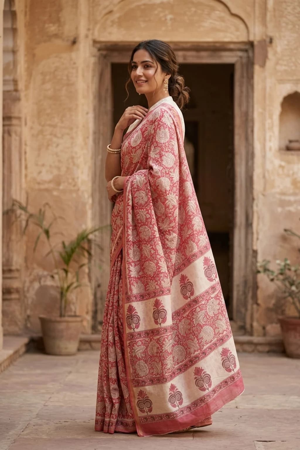Dusty Rose and Off White Maheshwari Silk Cotton Saree with Printed Border and Pallu. – Model Displaying Full Saree