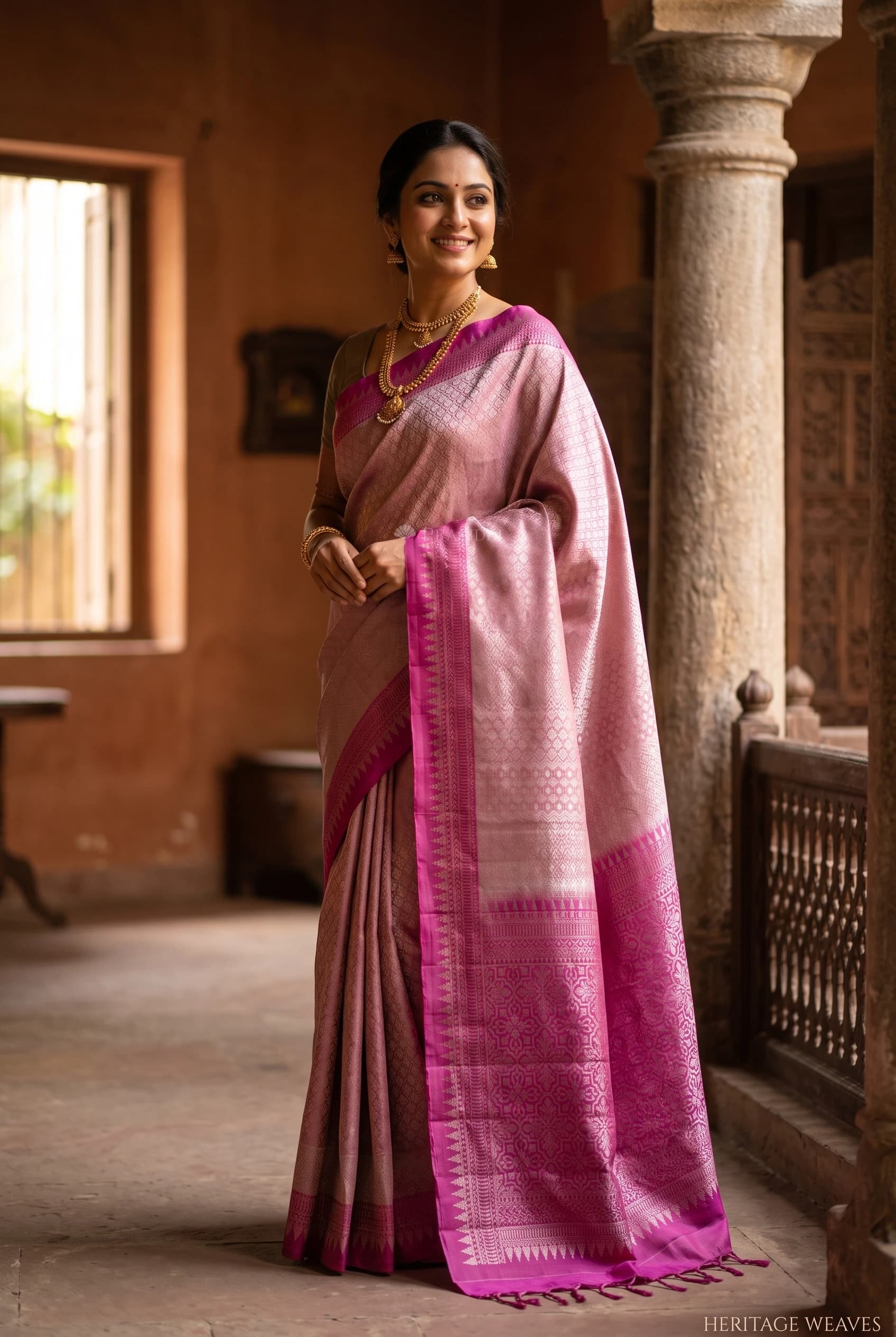 Dusty Rose and Purple Soft Silk Saree with a Contrast Purple Border. – Model Displaying Full Saree