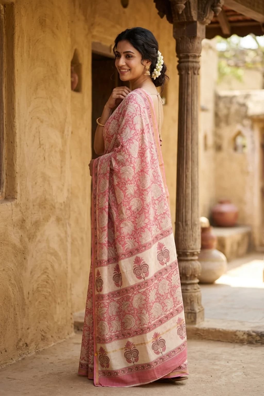 Dusty Rose Maheshwari Silk Cotton Saree with an Off-white Printed Border. – Model Displaying Full Saree