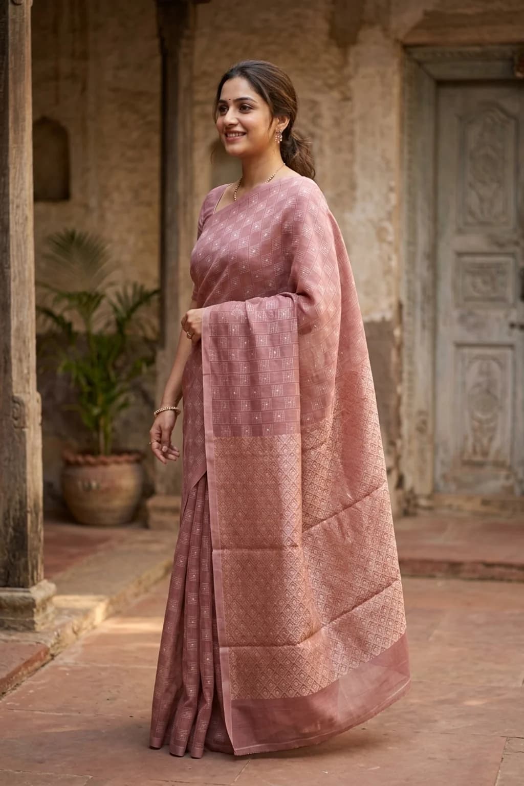 Dusty Rose Silk Cotton Saree with Butti Design and Classical Border – Model Displaying Full Saree