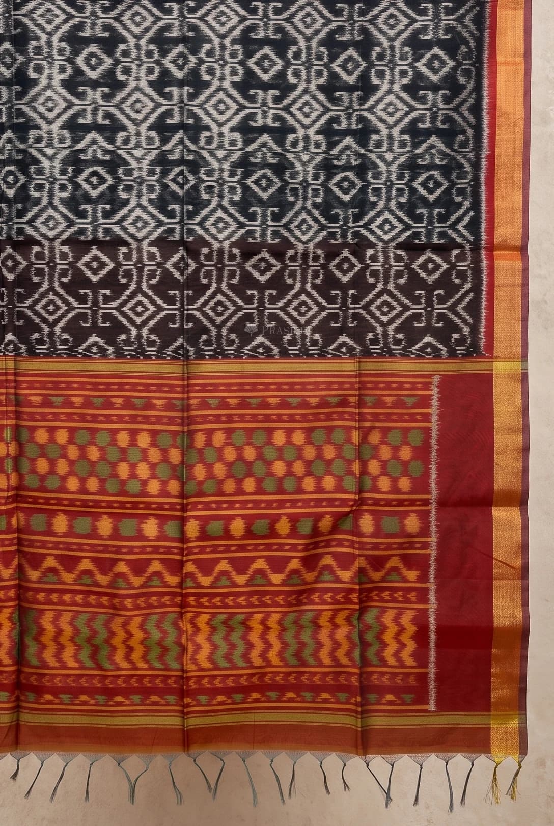 Elephant Grey & Brown Silk Cotton Saree with Woven, Printed Work and Contrast Border, Classical Border – Display Image