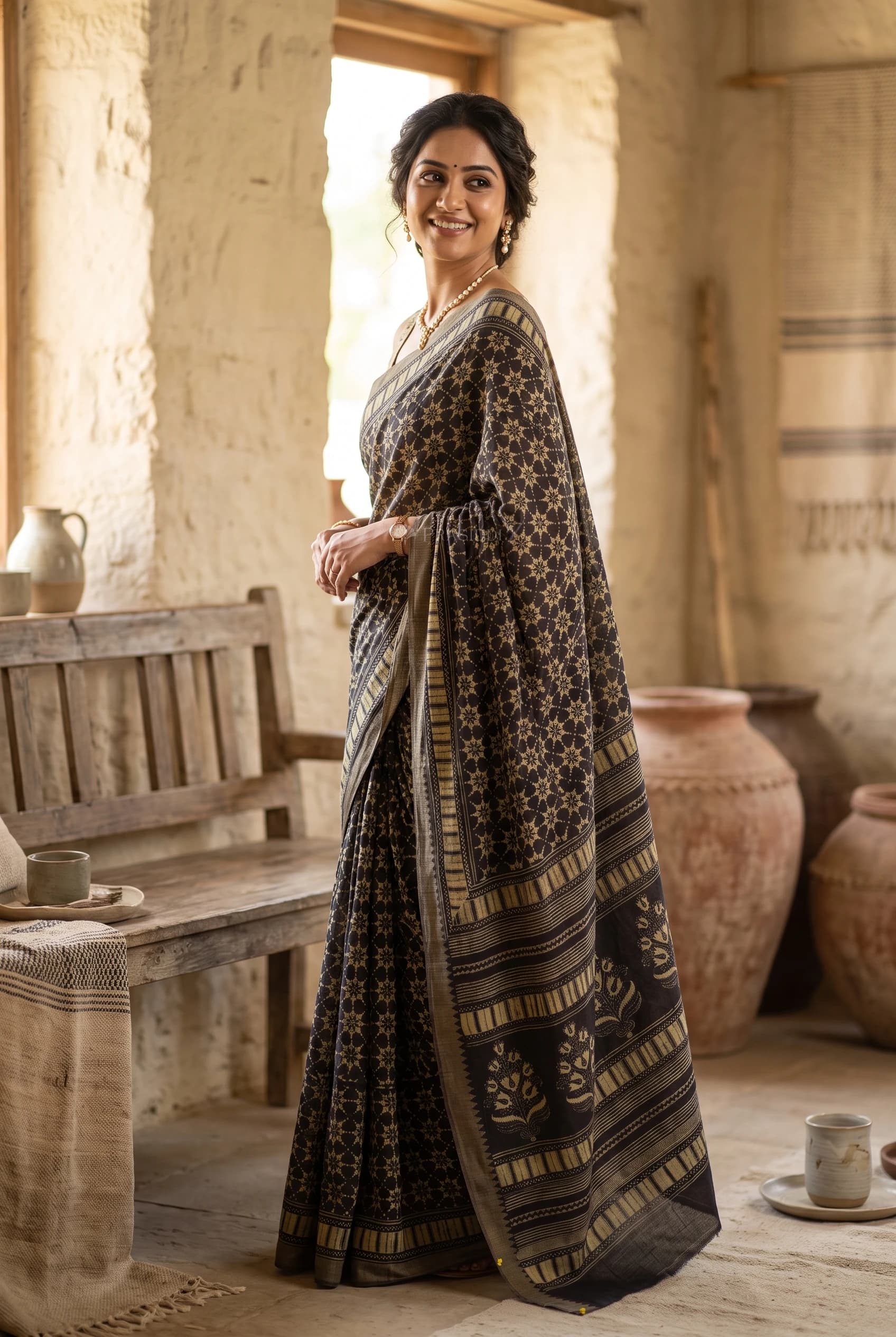 Elephant Grey Maheshwari Silk Cotton Saree with Contrast Border – Model Displaying Full Saree