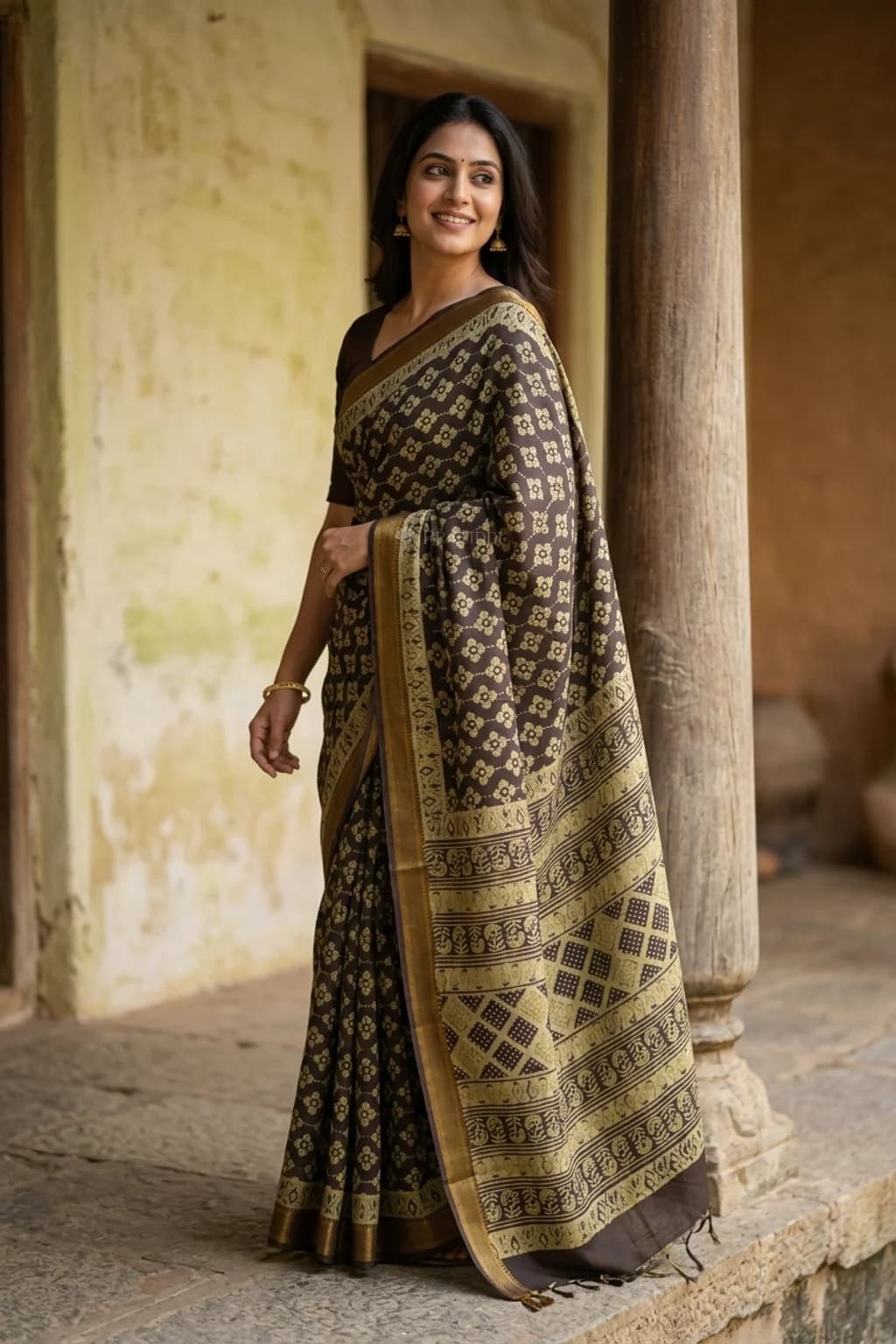 Elephant Grey Maheshwari Silk Cotton Saree with Old Gold Border and Printed Design. – Model Displaying Full Saree