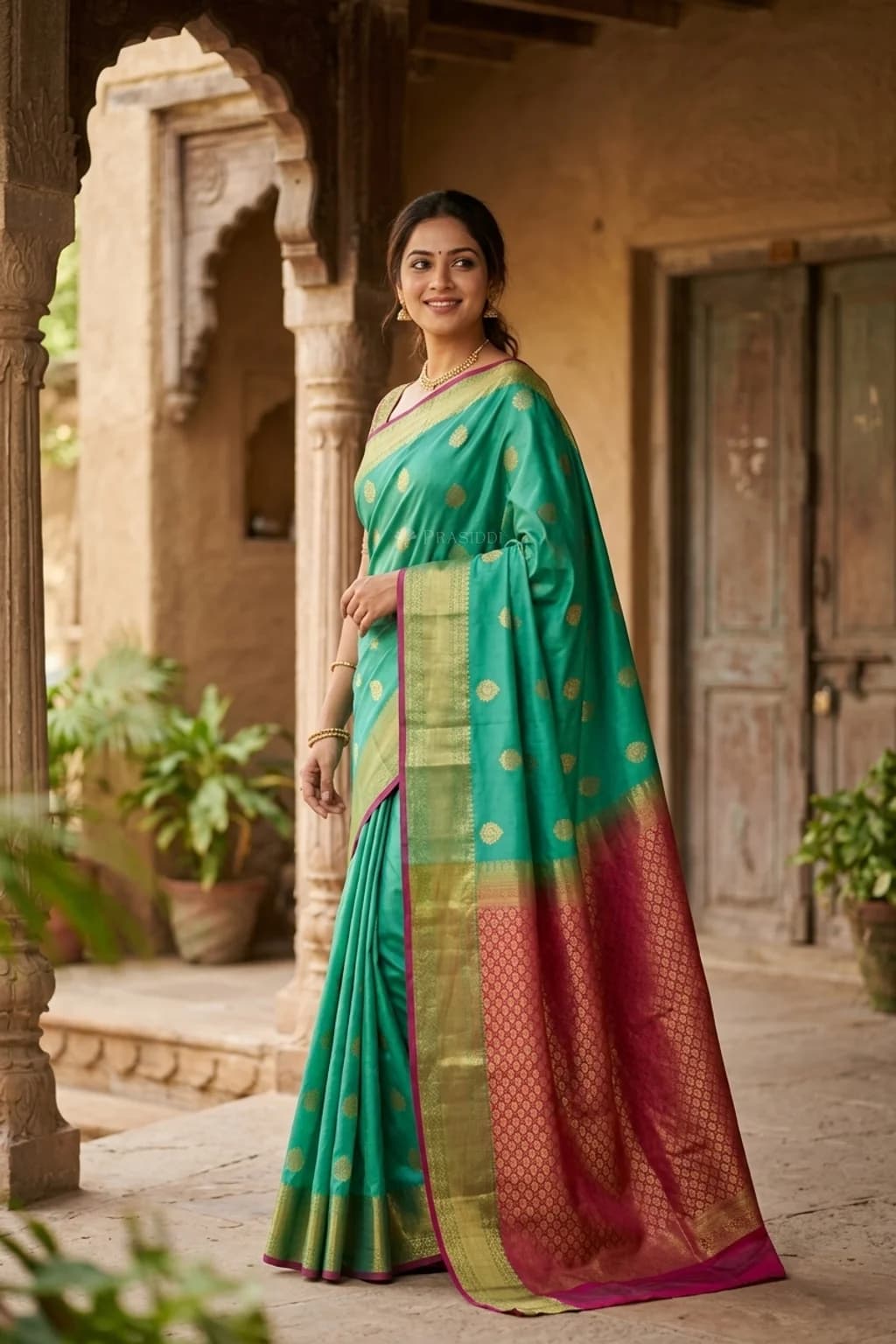 Emerald Green & Purple Silk Saree with Woven Work and Motif and contrast woven zari, classical border border – Model Displaying Full Saree