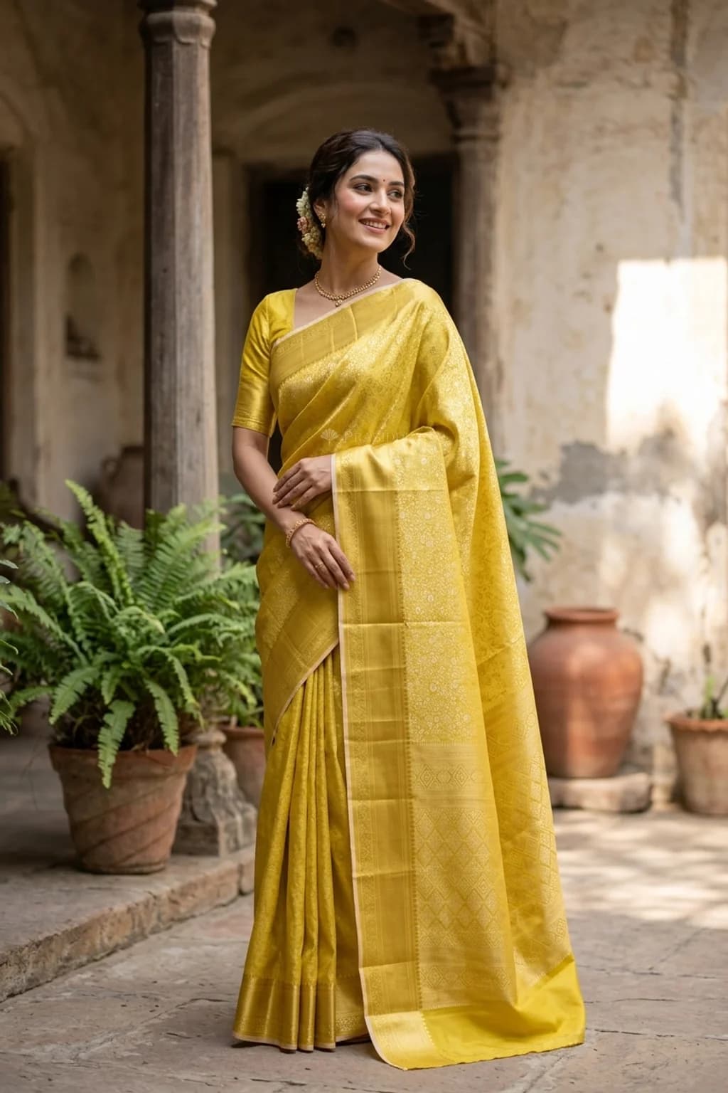 Gold Silk Saree with a Designer Border and Brocade Body – Model Displaying Full Saree