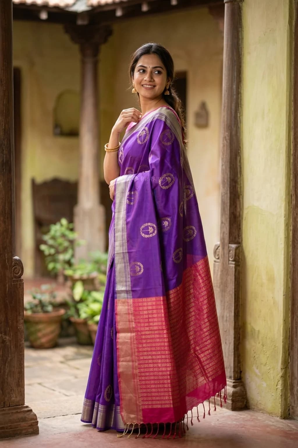 Grape and Blush Pink Soft Silk Saree with Tissue Border and Woven Motifs. – Model Displaying Full Saree