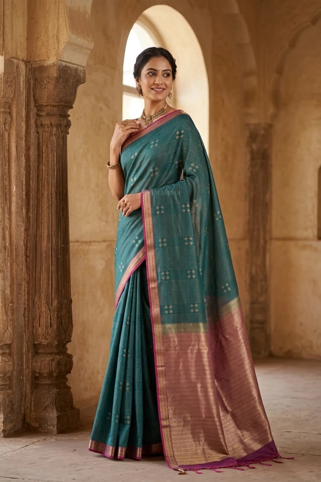 Green and Brown Silk Saree with Classical Border and Woven Design. – Model Displaying Full Saree