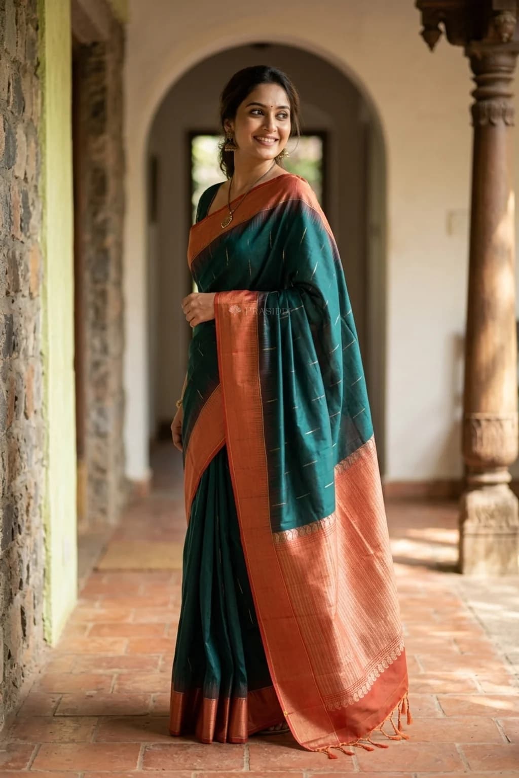 Green and Orange Soft Silk Saree with Contrast Border and Woven Motifs. – Model Displaying Full Saree