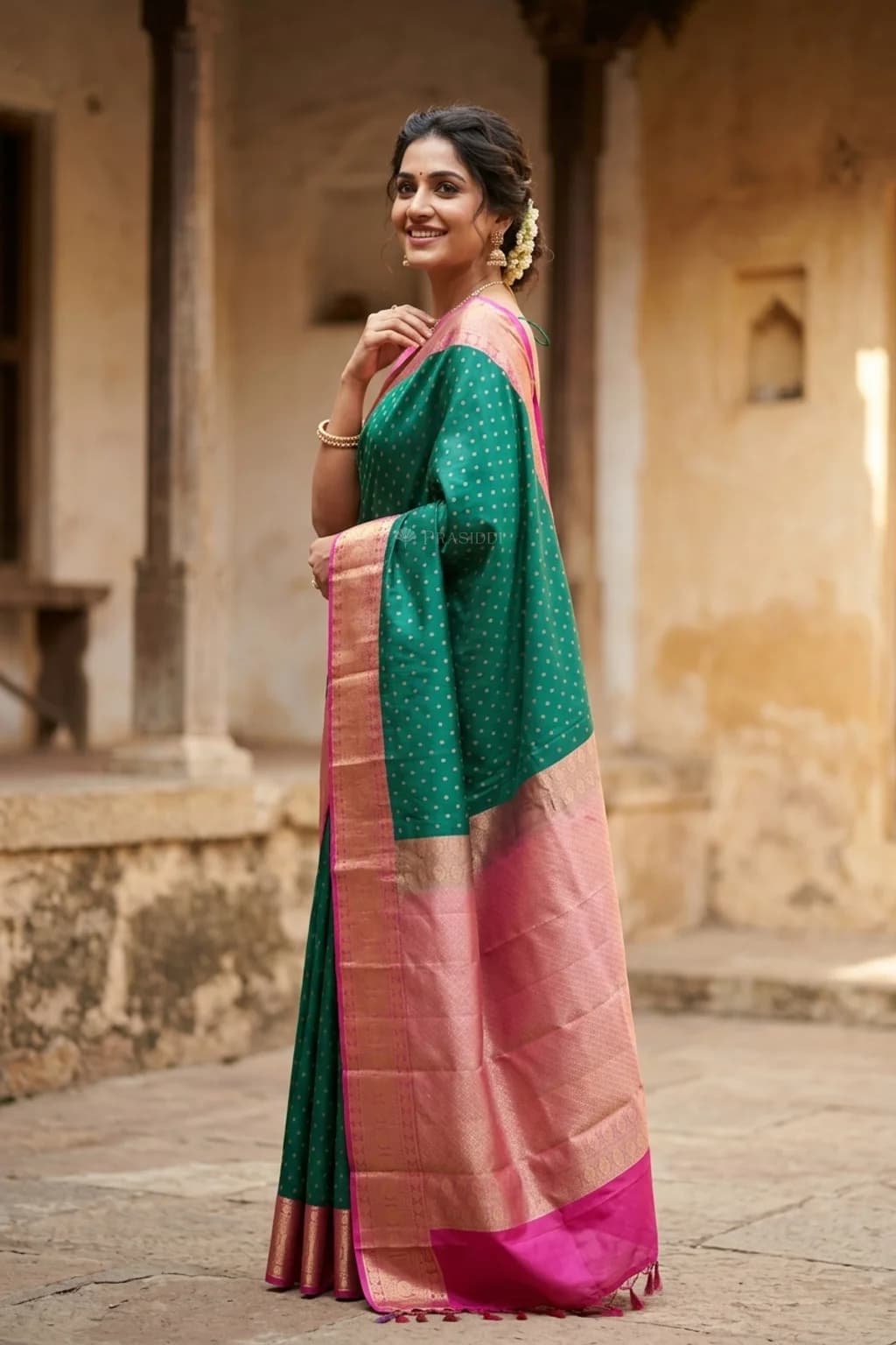 Green and Pink Butti Woven Silk Saree with Classical Border and Grand Pallu. – Model Displaying Full Saree