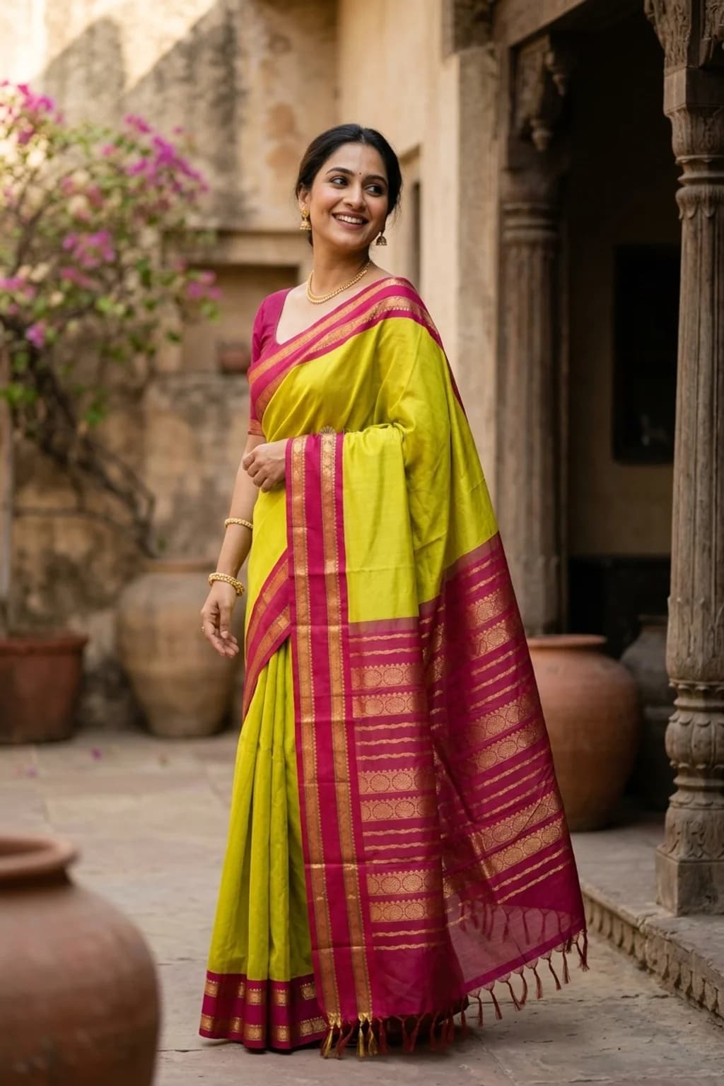 Green and Pink Pattur Silk Cotton Saree with Contrast Border and Woven Zari – Model Displaying Full Saree