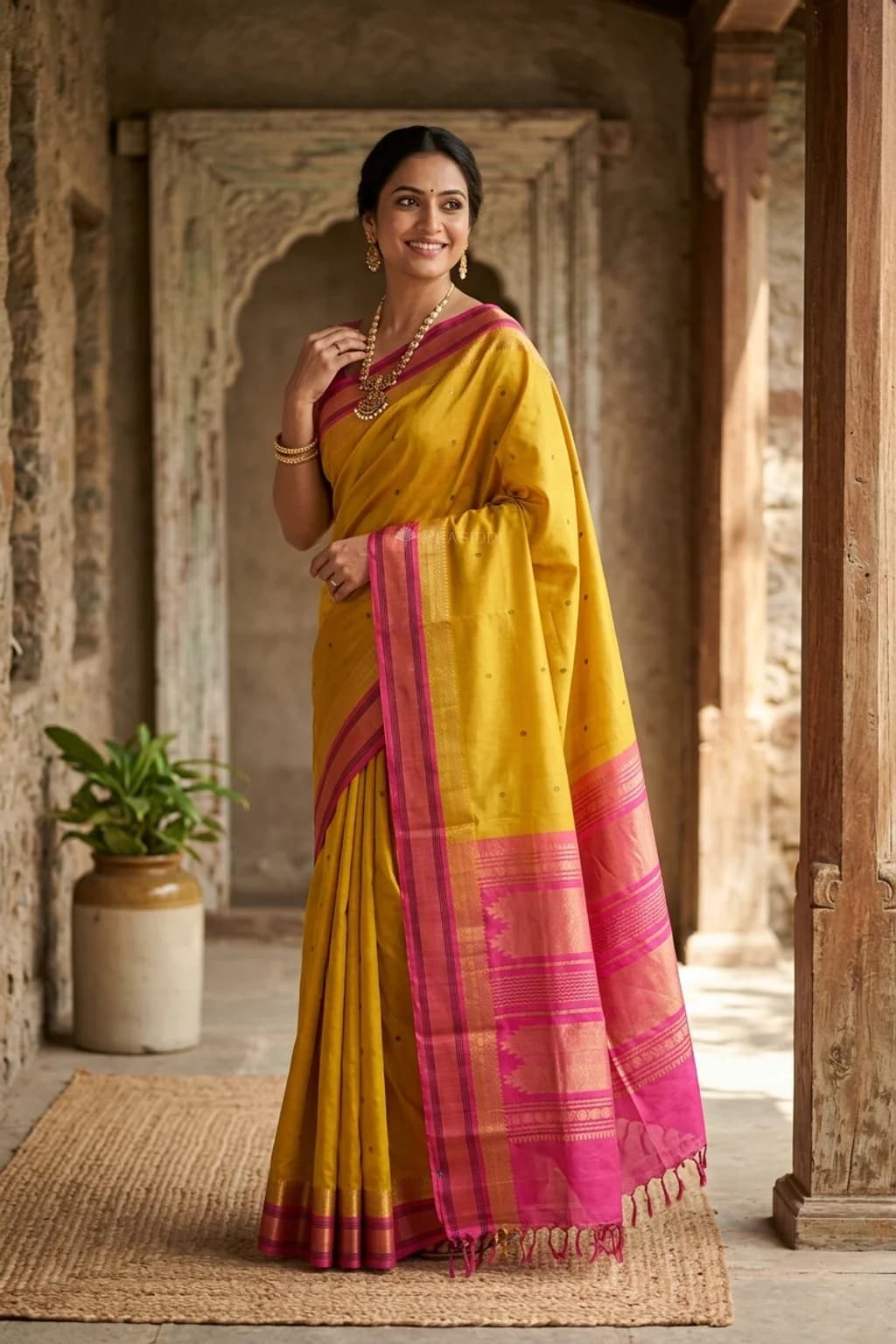 Green and Pink Pattur Silk Cotton Saree with Woven Butti Motifs and Contrast Border. – Model Displaying Full Saree