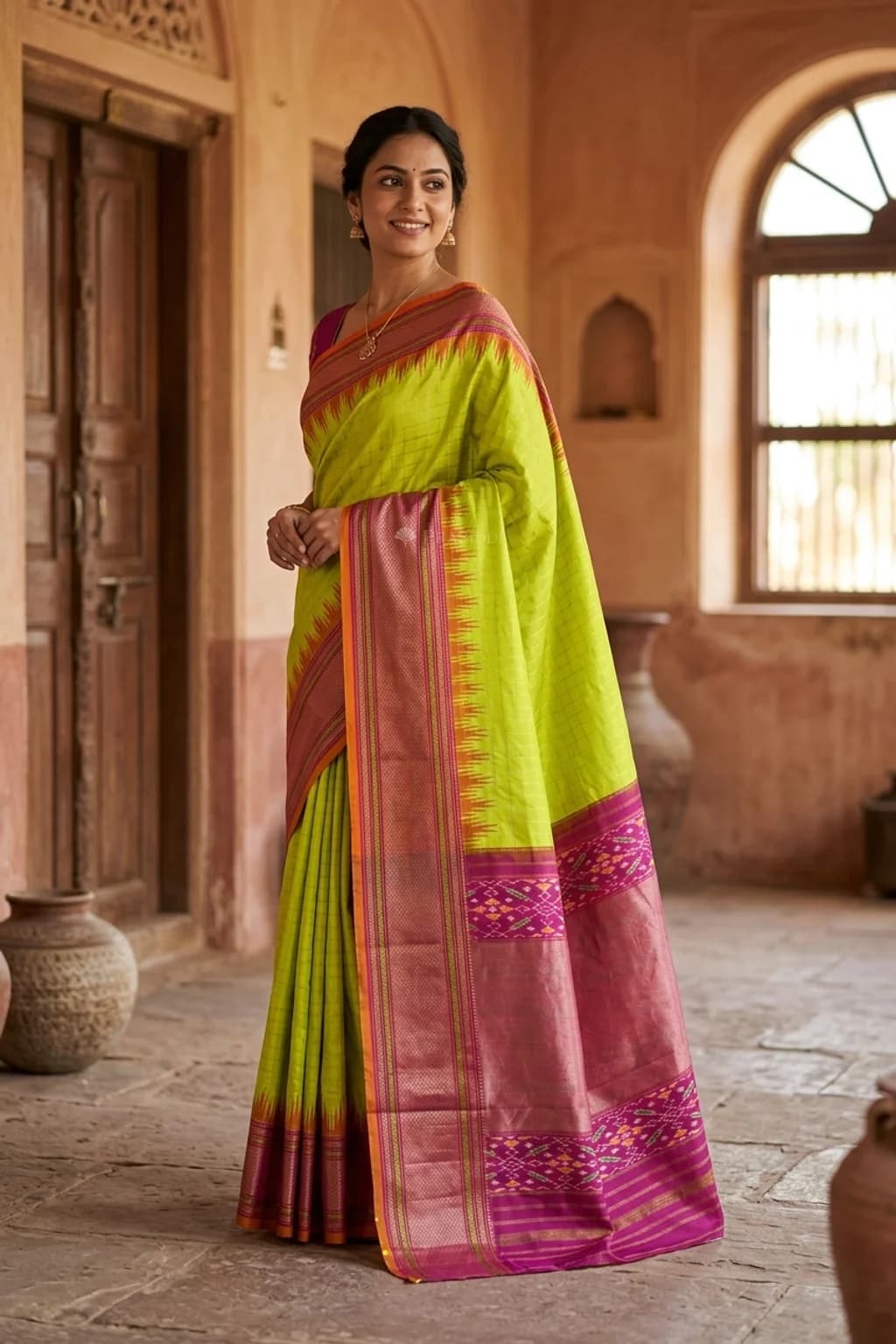 Green and Pink Silk Saree with Contrast Border and Woven Zari Design. – Model Displaying Full Saree