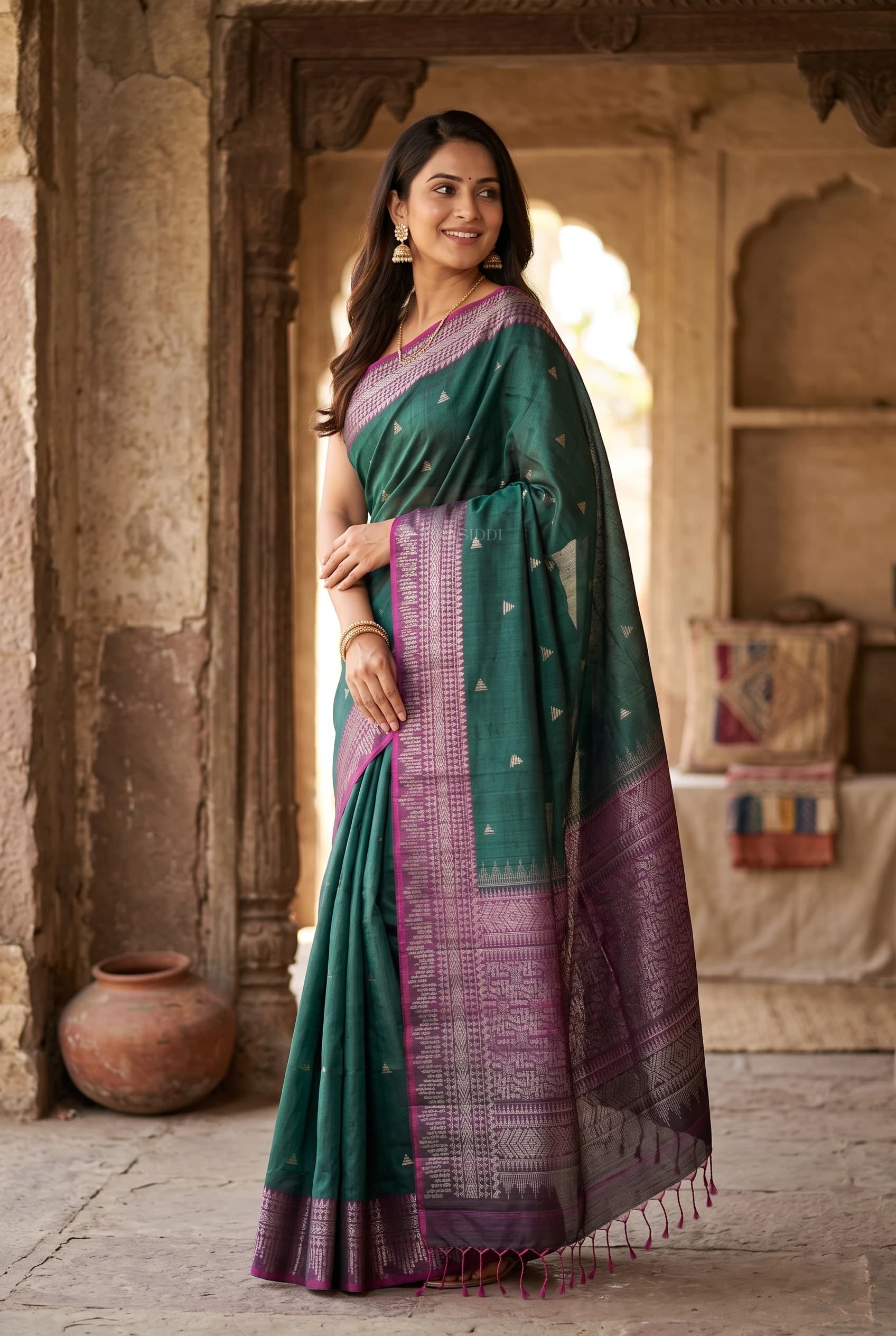Green and Plum Silk Saree with Contrast Woven Zari Border – Model Displaying Full Saree