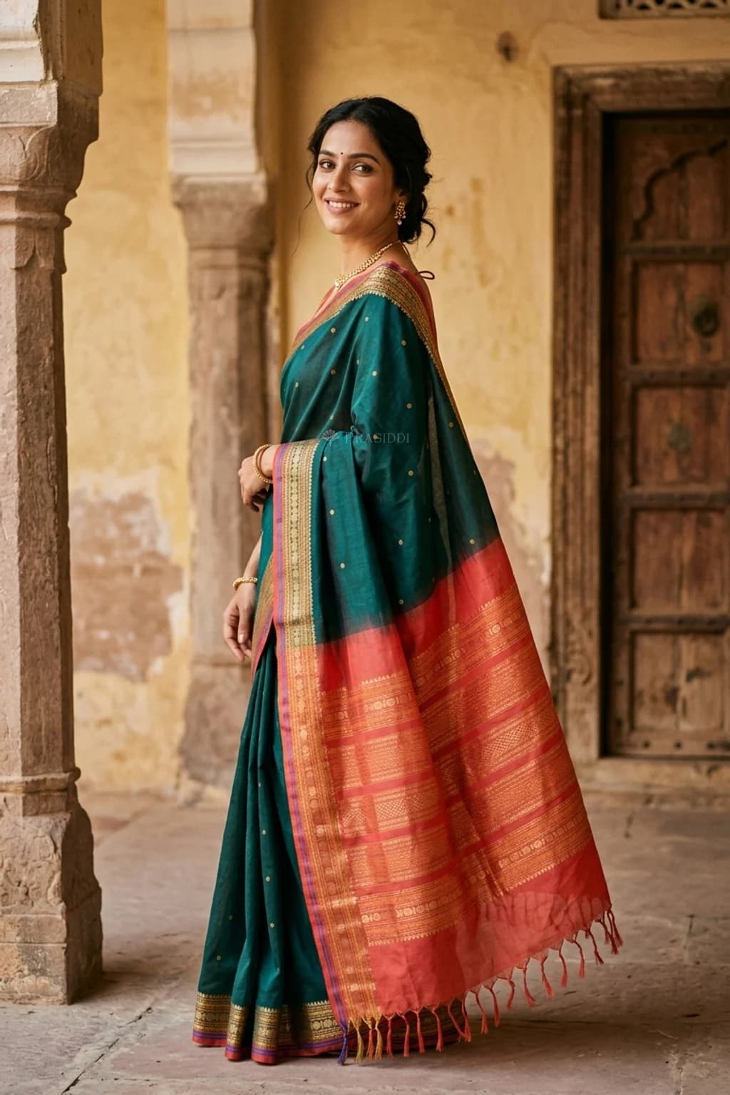 Green and Red Pattur Silk Cotton Saree with Butti Motifs and Contrast Border – Model Displaying Full Saree