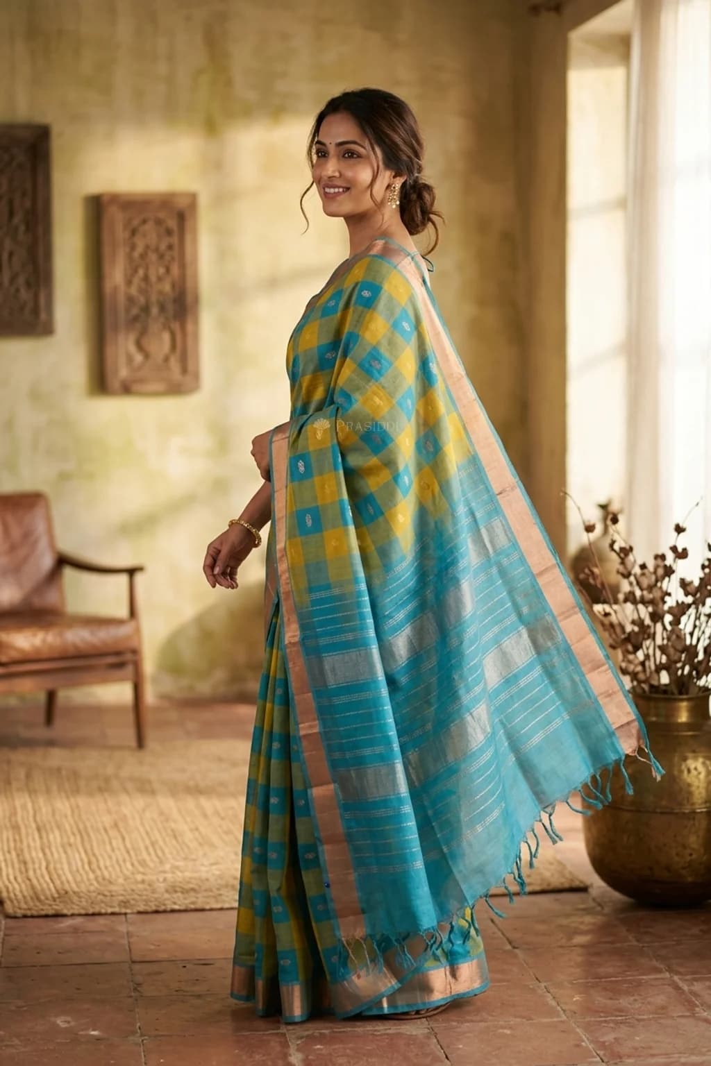 Green and Royal Blue Pattur Silk Cotton Saree with Classical Border and Checked Design. – Model Displaying Full Saree