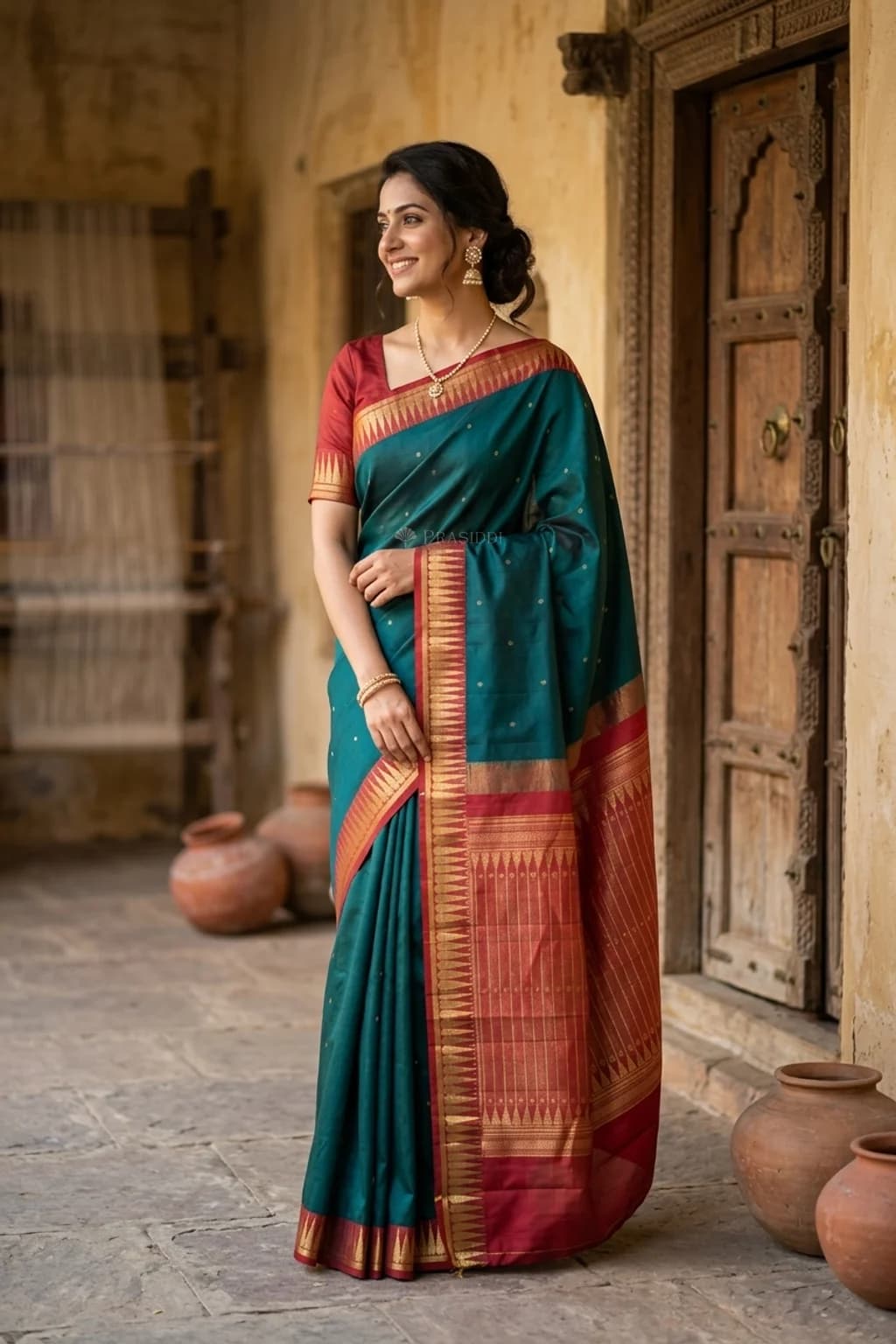 Green and Rustic Red Silk Saree with Zari Butta Motifs and Classical Border – Model Displaying Full Saree