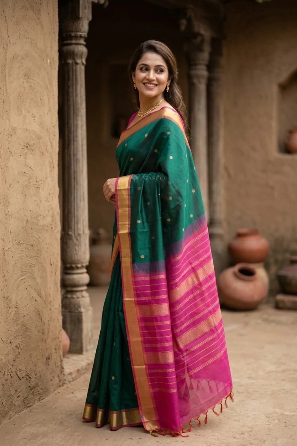 Green Magenta Butti Pattur Silk Cotton Saree with Contrast Border – Model Displaying Full Saree