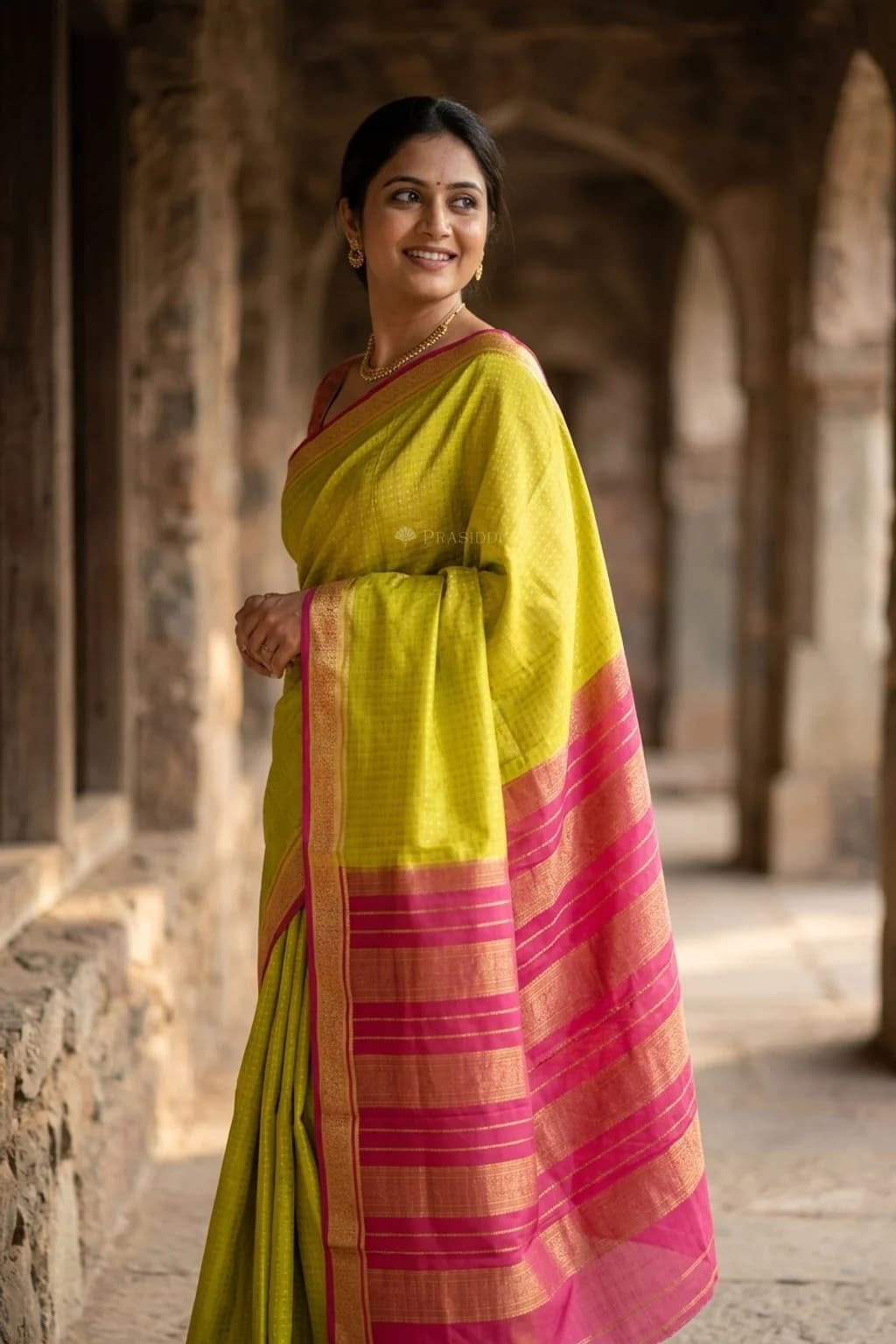 Green Pink Mysore Silk Saree with a Rich Zari Pallu and Classical Pink Border. – Model Displaying Full Saree