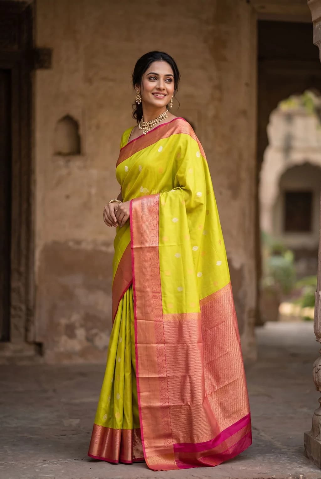 Green & Pinkish Rust Silk Saree with Woven Work and Traditional Motifs and classical border, contrast border border – 002 Joy Standing Product NB2
