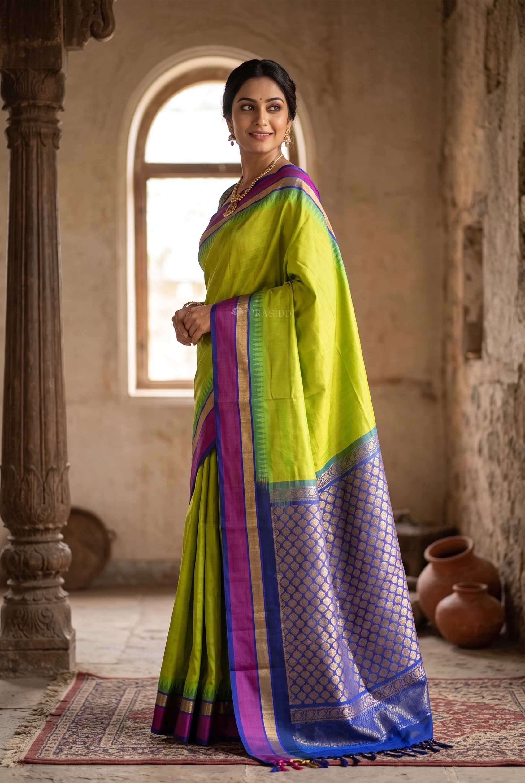 Green Royal Blue Pattur Silk Cotton Saree with a Classical Border – Model Displaying Full Saree