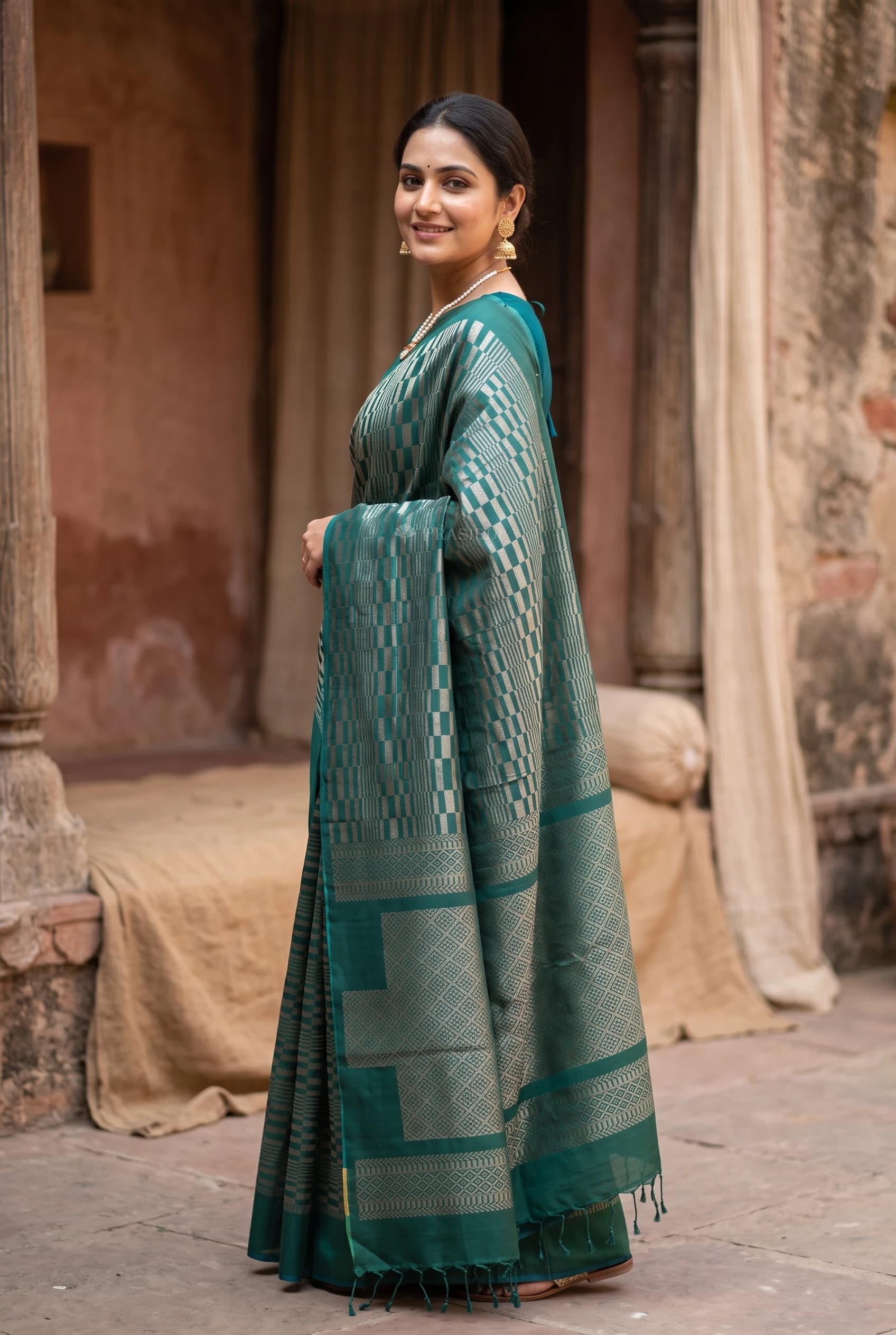 Green Soft Silk Saree with a Dense Woven Design and Intricate Border. – Model Displaying Full Saree