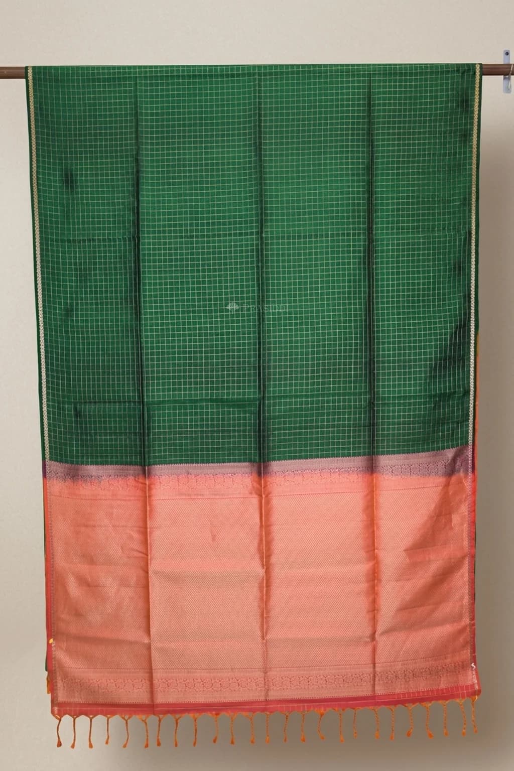 Green Soft Silk Saree with an Orangish Pink Pallu and Small Woven Border. – Saree Display