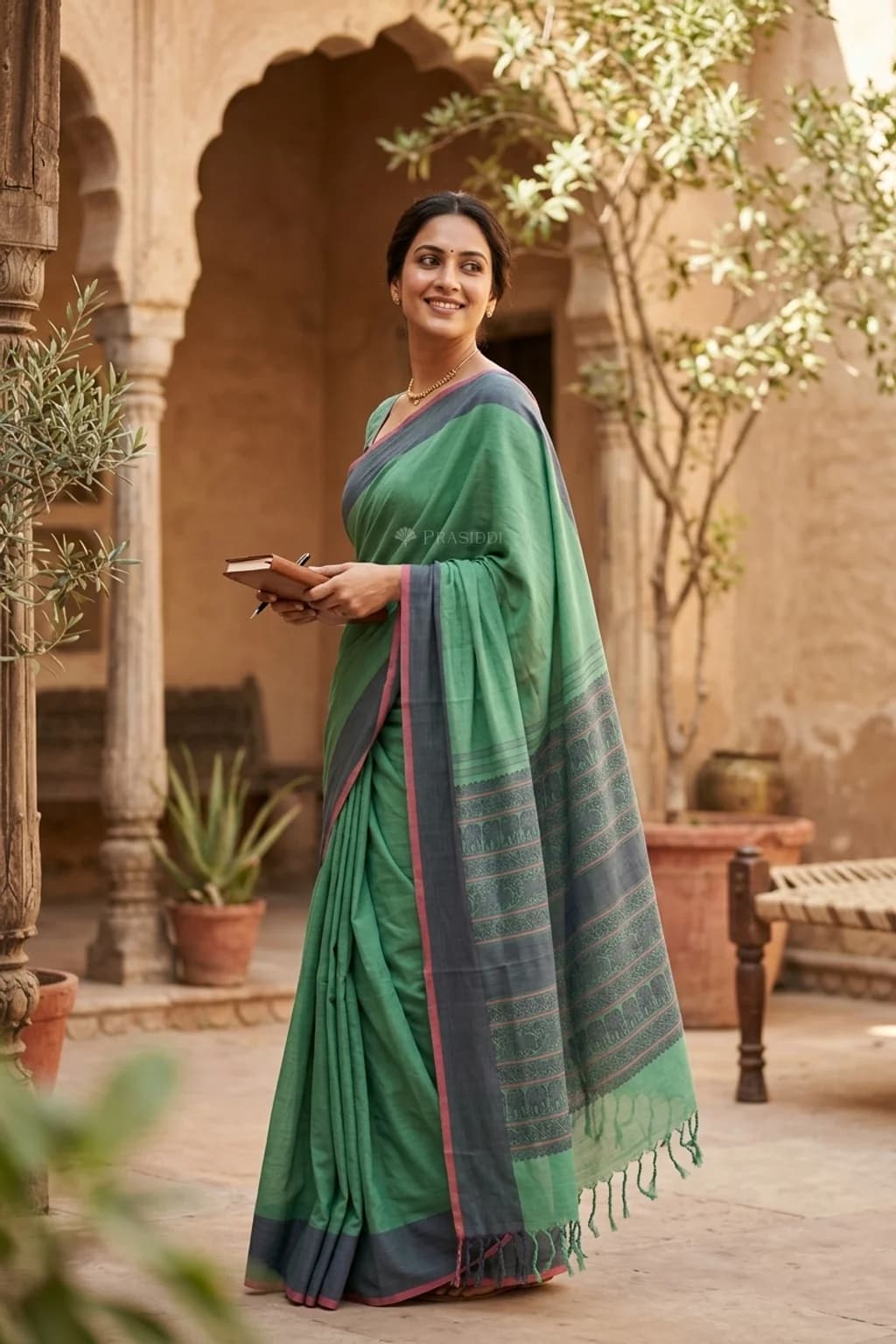 Green Tadapathri Cotton Saree with Classical Contrast Border and Woven Design. – Model Displaying Full Saree