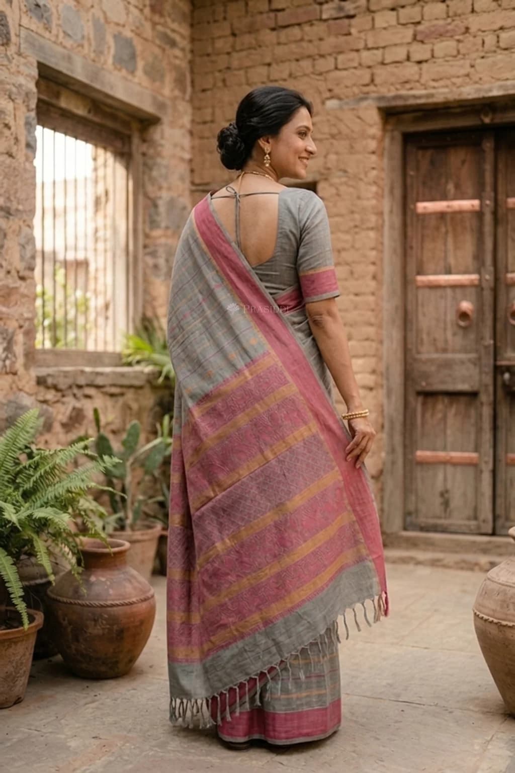 Grey and Rust Tadapathri Cotton Saree with Contrast Border – Model Displaying Full Saree