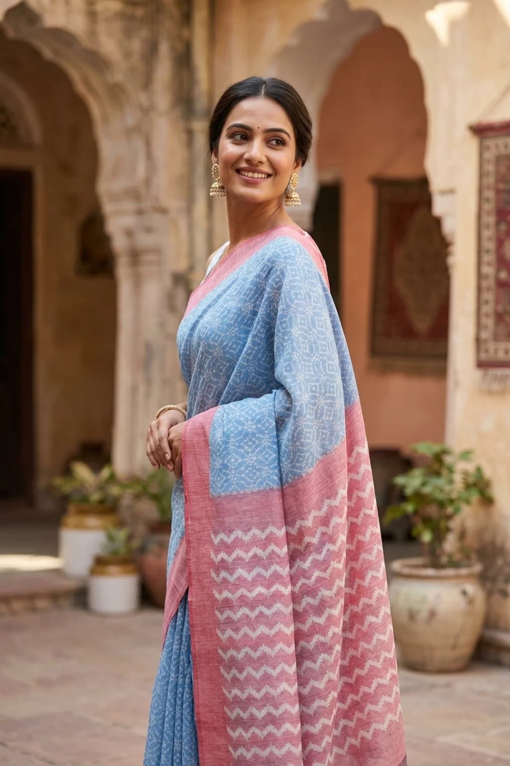 Ikat Silk Saree in Powder Blue with Coral Contrast Border and Pallu. – Model Displaying Full Saree
