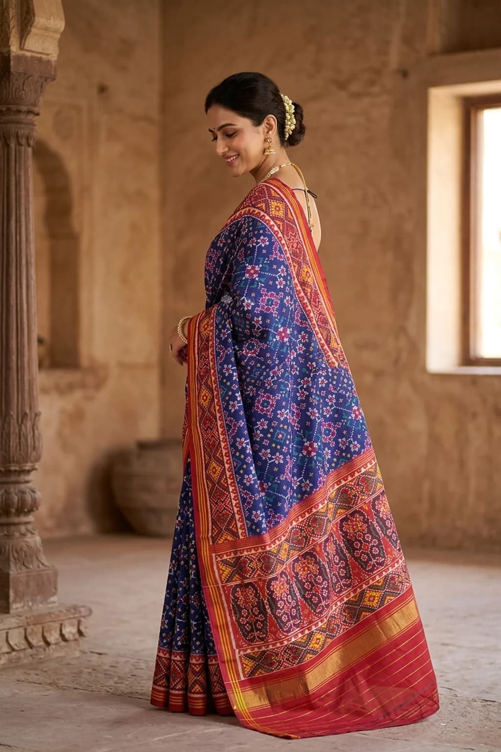 Ink Blue & Rust Patola Silk Saree with Woven Work and Classical Border, Contrast Border, Contrast Woven Zari – Model Displaying Full Saree