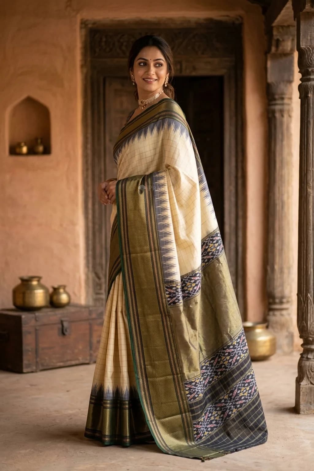 Ivory and Black Ikat Silk Saree with Contrast Border and Grand Pallu – Model Displaying Full Saree