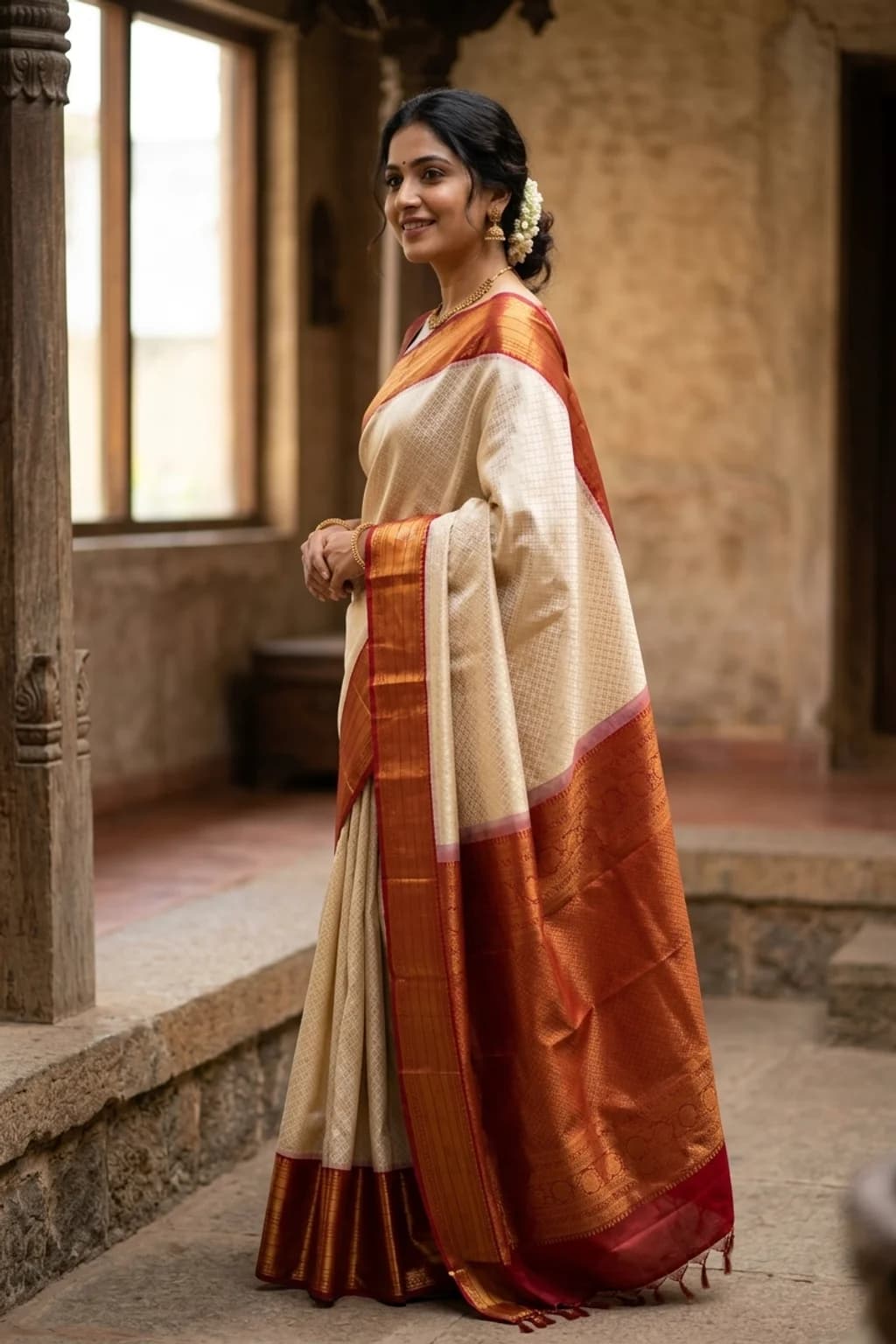 Ivory and Maroon Silk Saree with a Dense Woven Design and Contrast Border. – Model Displaying Full Saree
