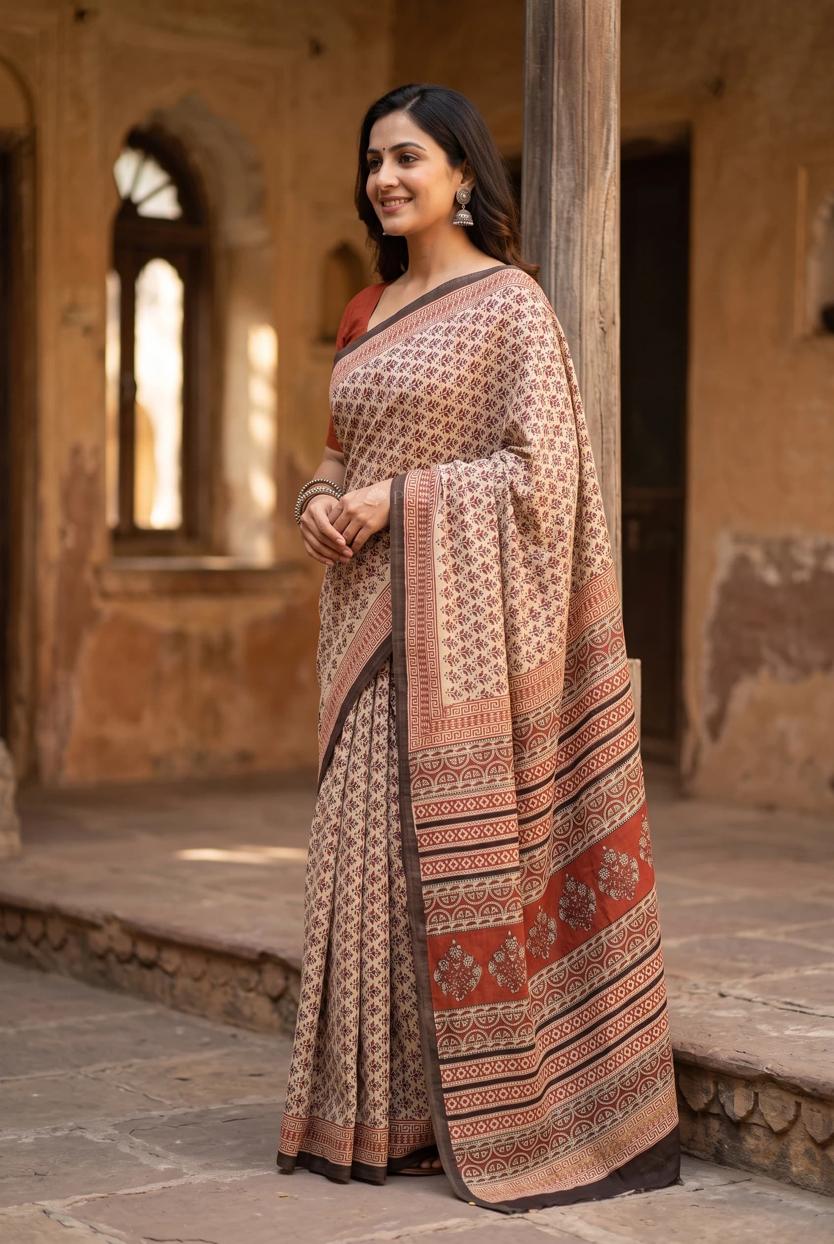 Ivory Brown Contrast Border Maheshwari Silk Cotton Saree Displayed Elegantly – Model Displaying Full Saree