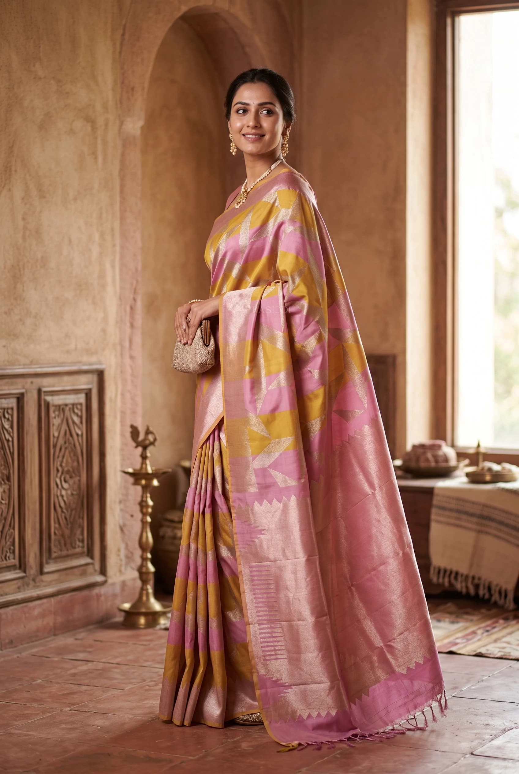 Lemon Green Silk Saree with Plum Designer Border and Grand Pallu. – Model Displaying Full Saree