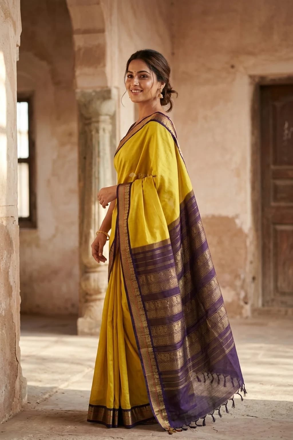 Lemon Yellow Brown Pattur Silk Cotton Saree with Designer Contrast Border – Model Displaying Full Saree