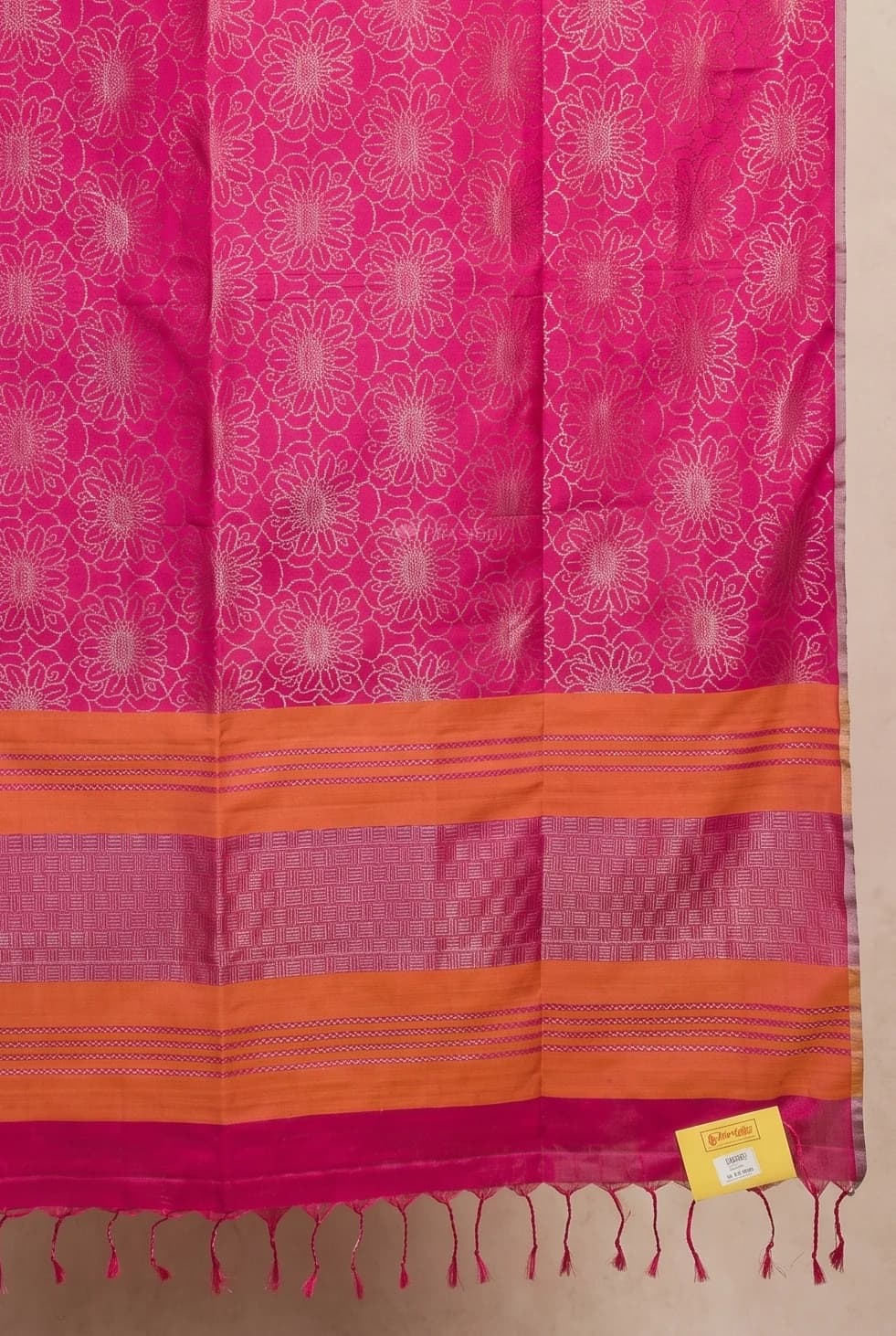 Magenta and Orangish Pink Soft Silk Saree with a Minimal Border and Dense Woven Design. – Display Image