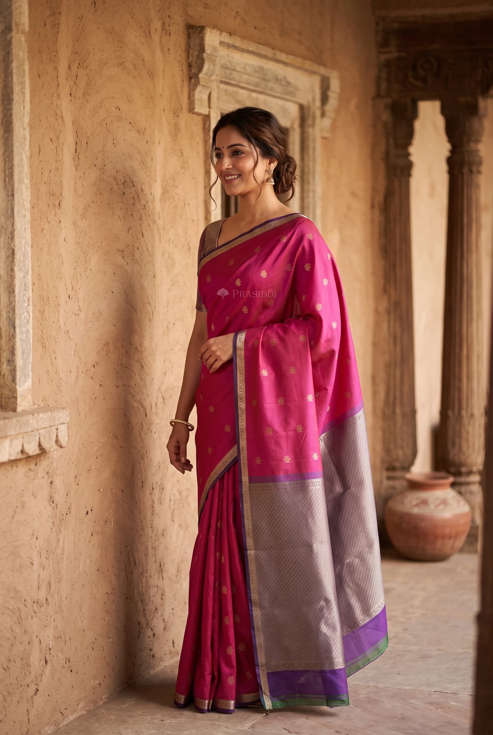 Magenta and Plum Traditional Silk Saree with Woven Traditional Motifs and Minimal Contrast Border. – Model Displaying Full Saree