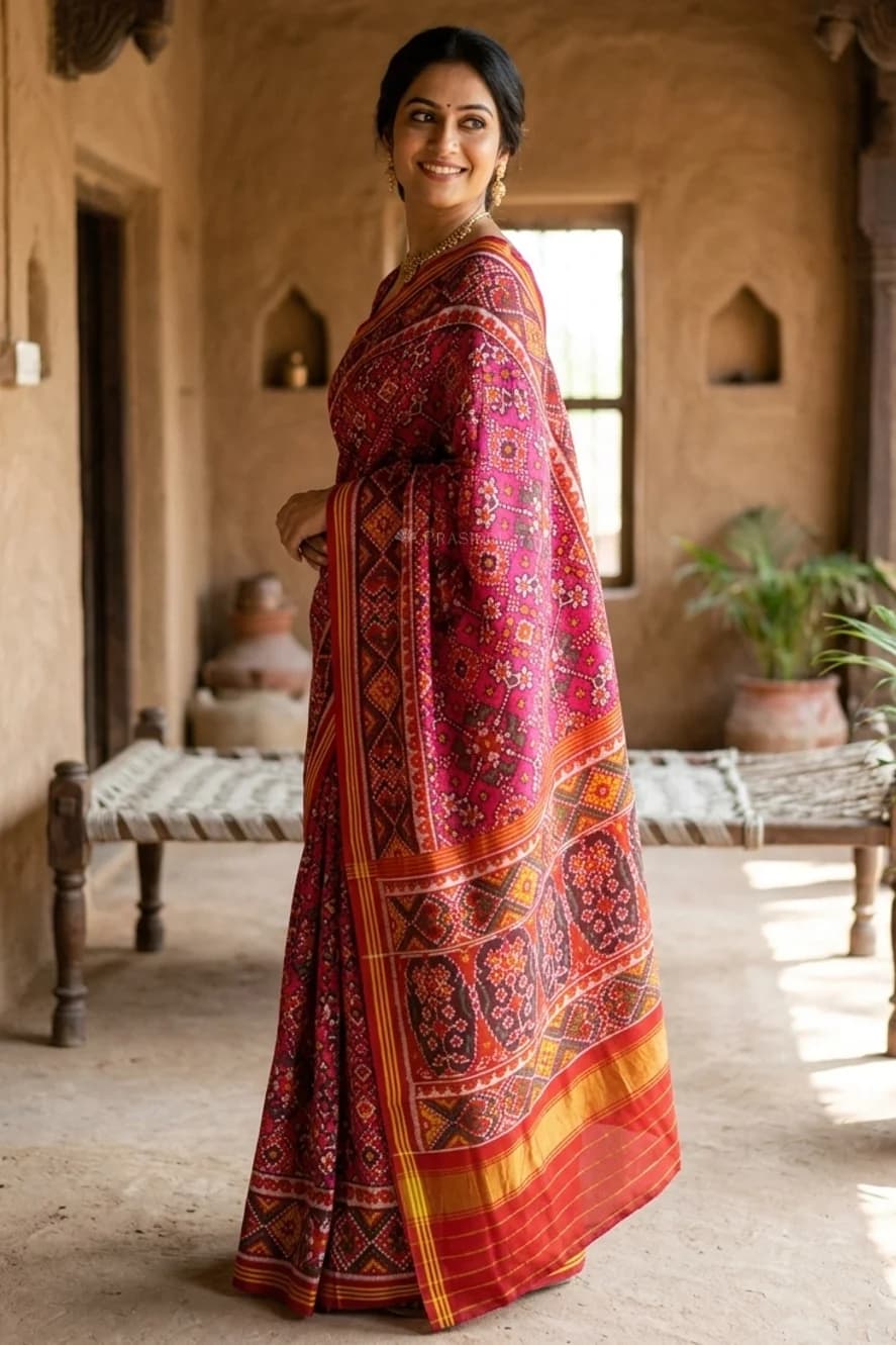 Magenta Patola Silk Saree with Maroon Contrast Border – Display Image