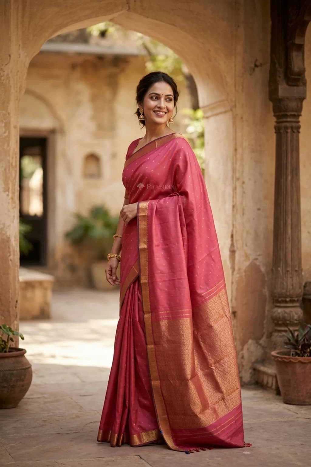 Magenta Silk Saree with Butti Motif and Classical Border – Model Displaying Full Saree