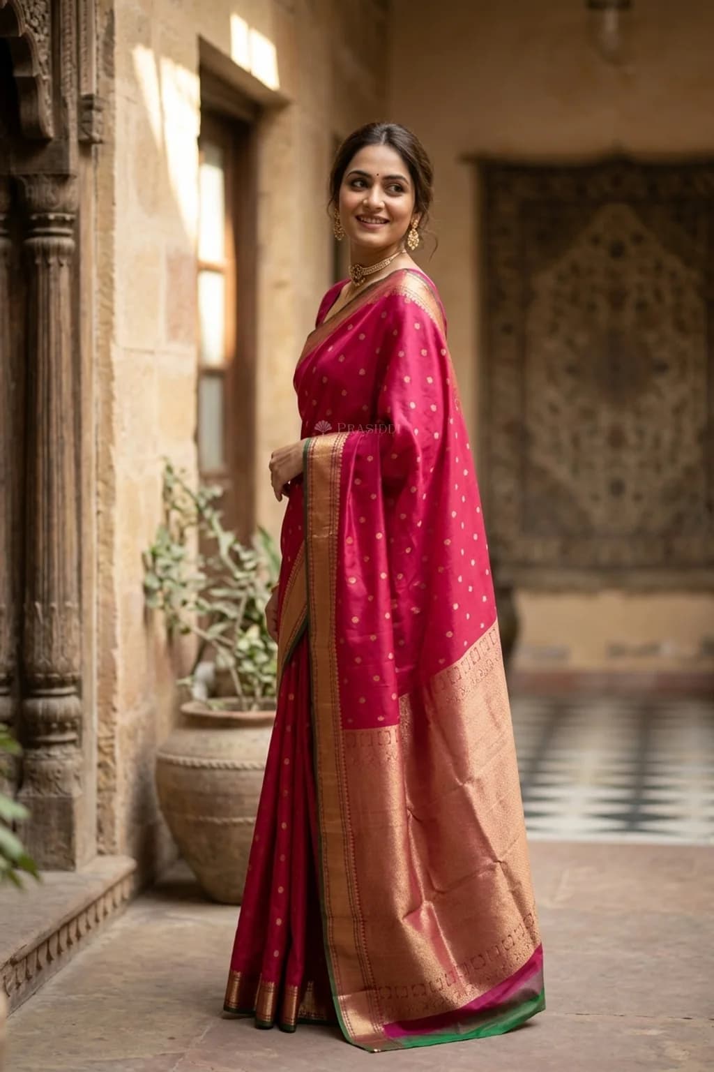 Magenta Silk Saree with Classical Border and Intricate Motifs. – Model Displaying Full Saree