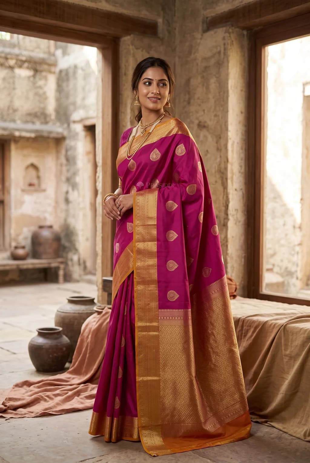 Magenta Silk Saree with Coral Rust Traditional Motif and Border – 002 Joy Standing Product NB2