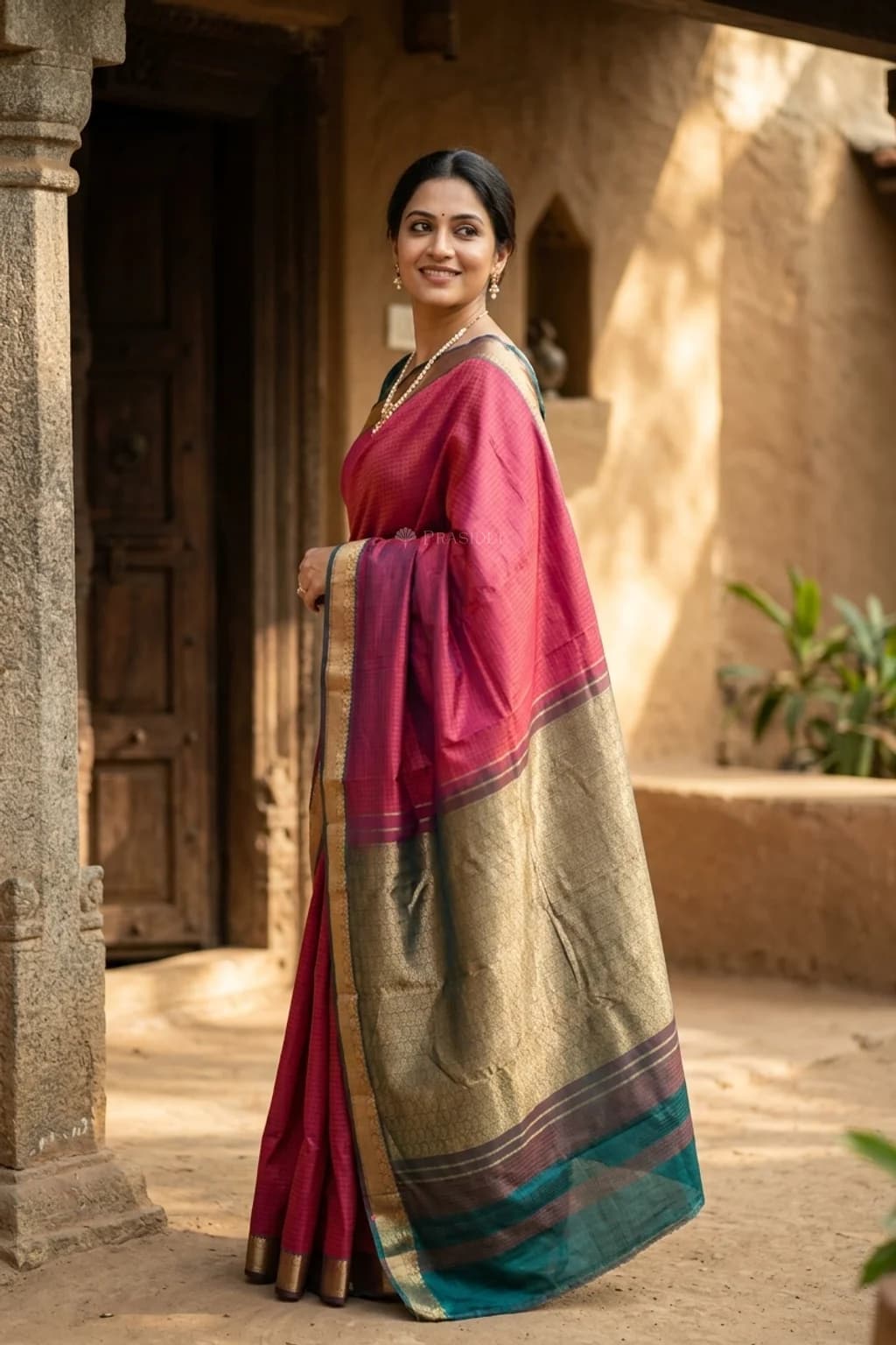 Magenta Silk Saree with Dusty Rose Contrast Border Displayed Elegantly. – Model Displaying Full Saree