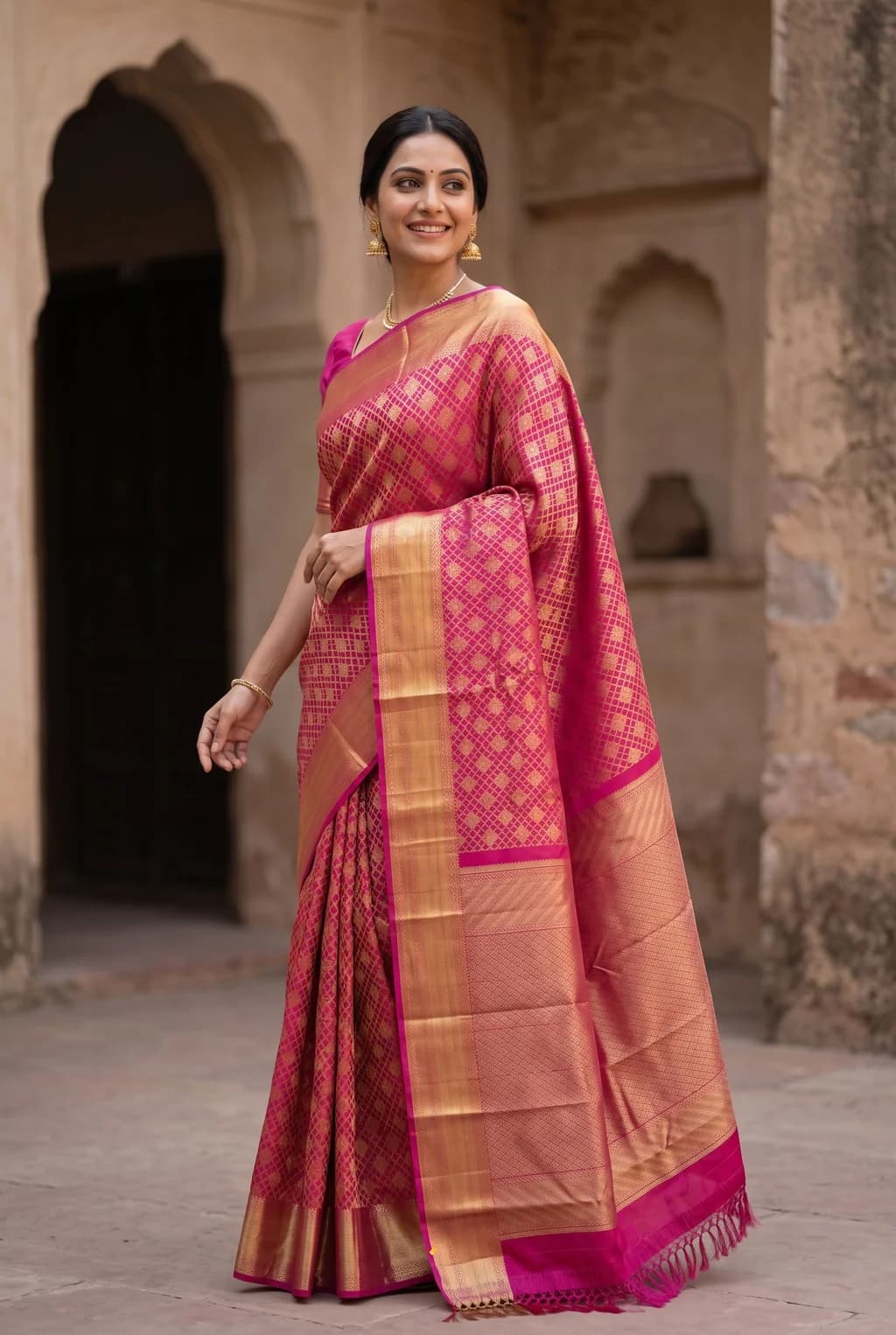 Magenta Silk Saree with Woven Work and Brocade Body Motifs and classical border border – 002 Joy Standing Product NB2