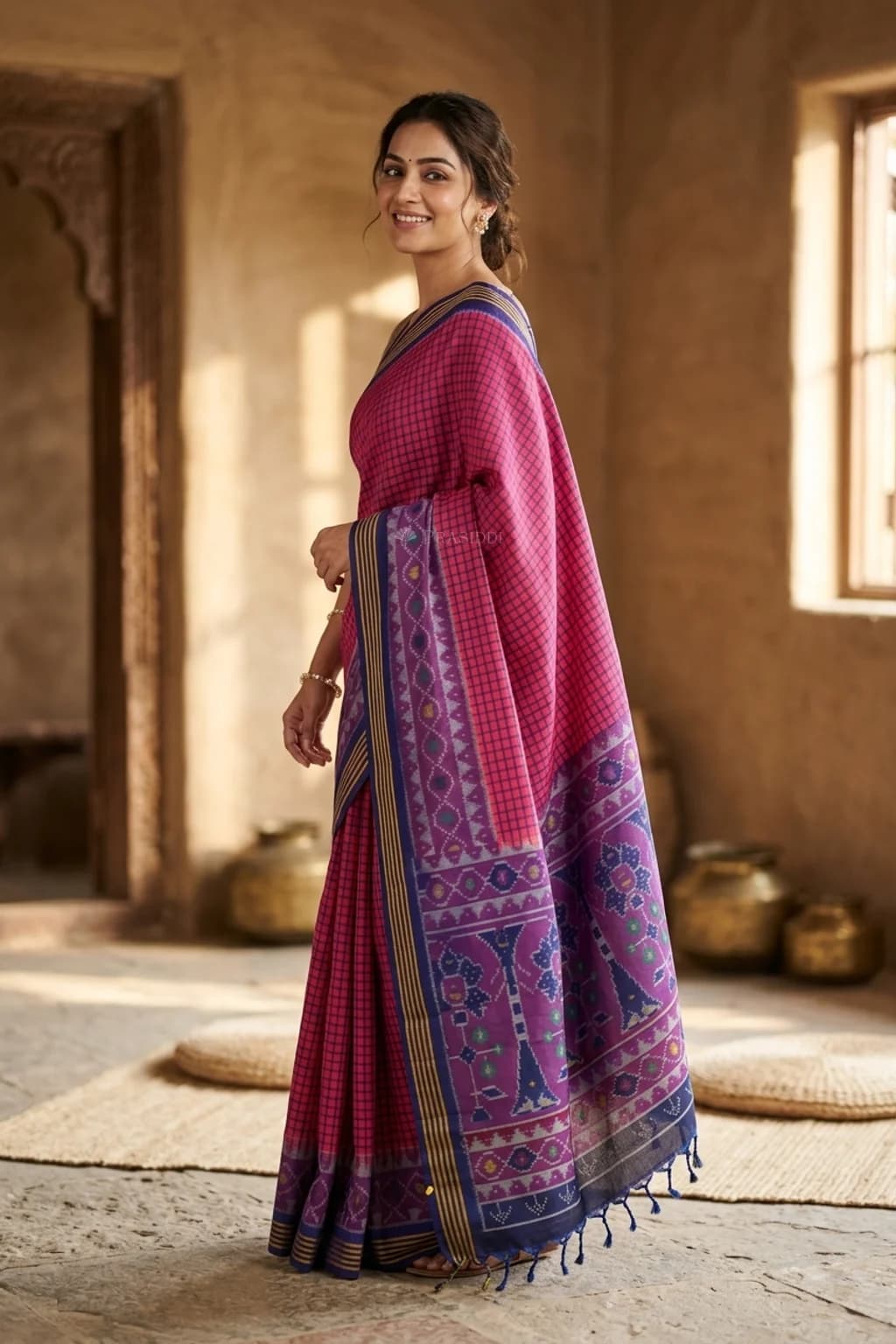 Magenta Soft Silk Saree with Navy Blue Contrast Border Displayed Elegantly. – Model Displaying Full Saree